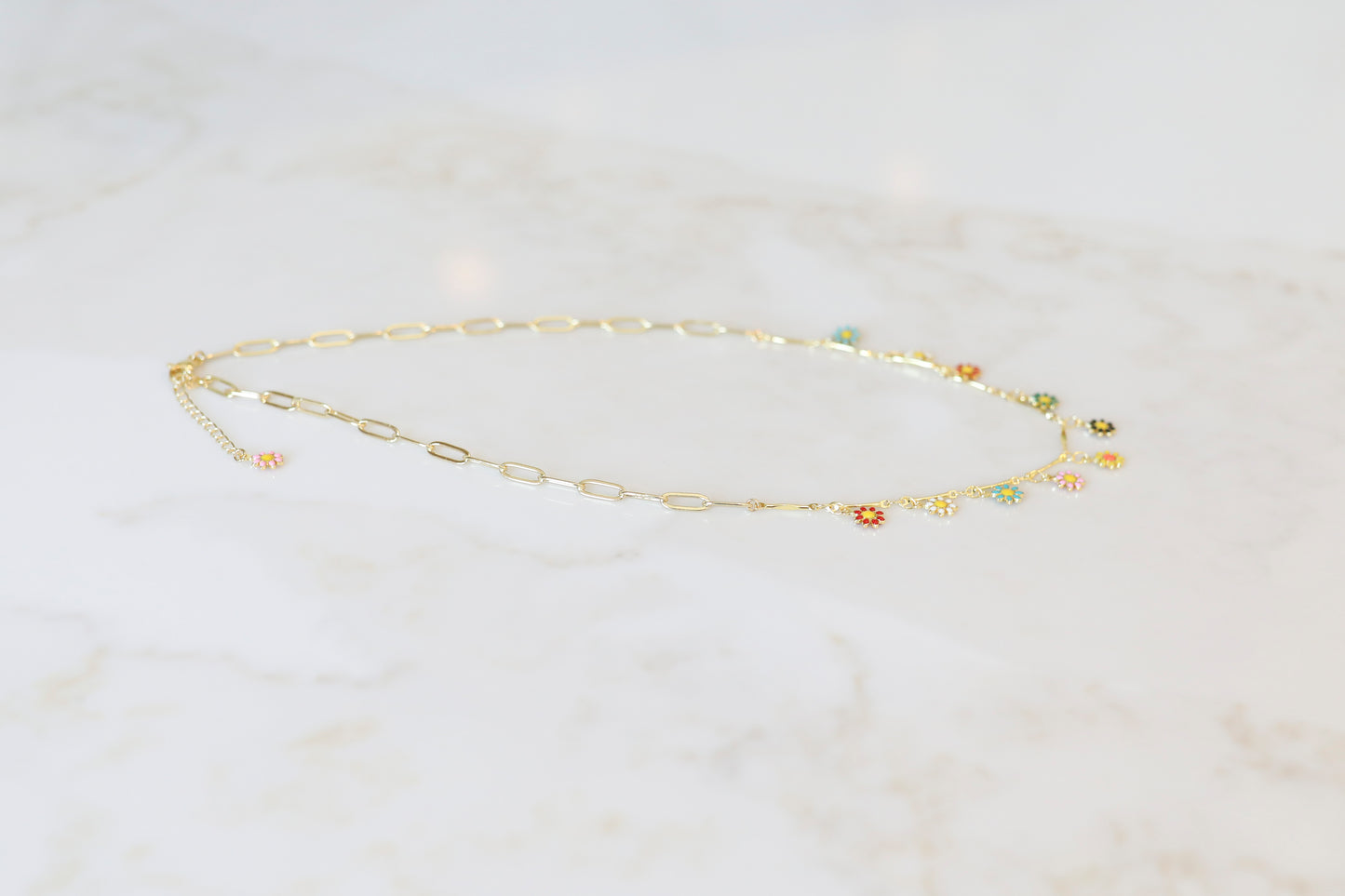 Multicolored Enamel Daisy Charm Layering Necklace