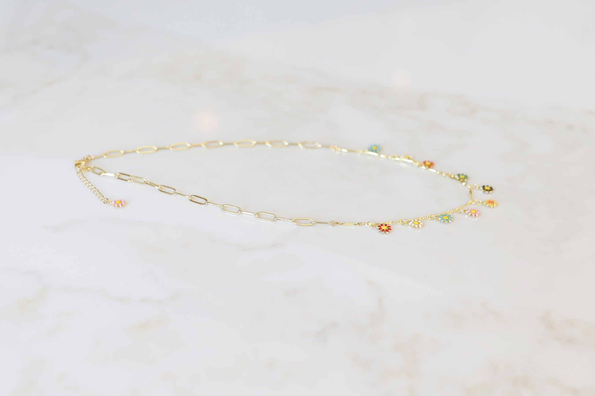 Multicolored Enamel Daisy Charm Layering Necklace