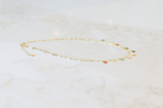 Multicolored Enamel Daisy Charm Layering Necklace