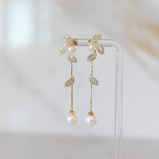 CZ Flower Drop Earrings in Gold