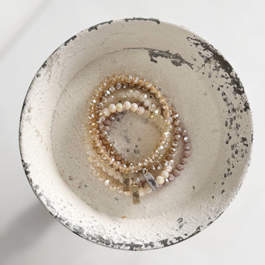 Personalized Crystal Stack Bracelets with Engraved wording a Neutral Mix