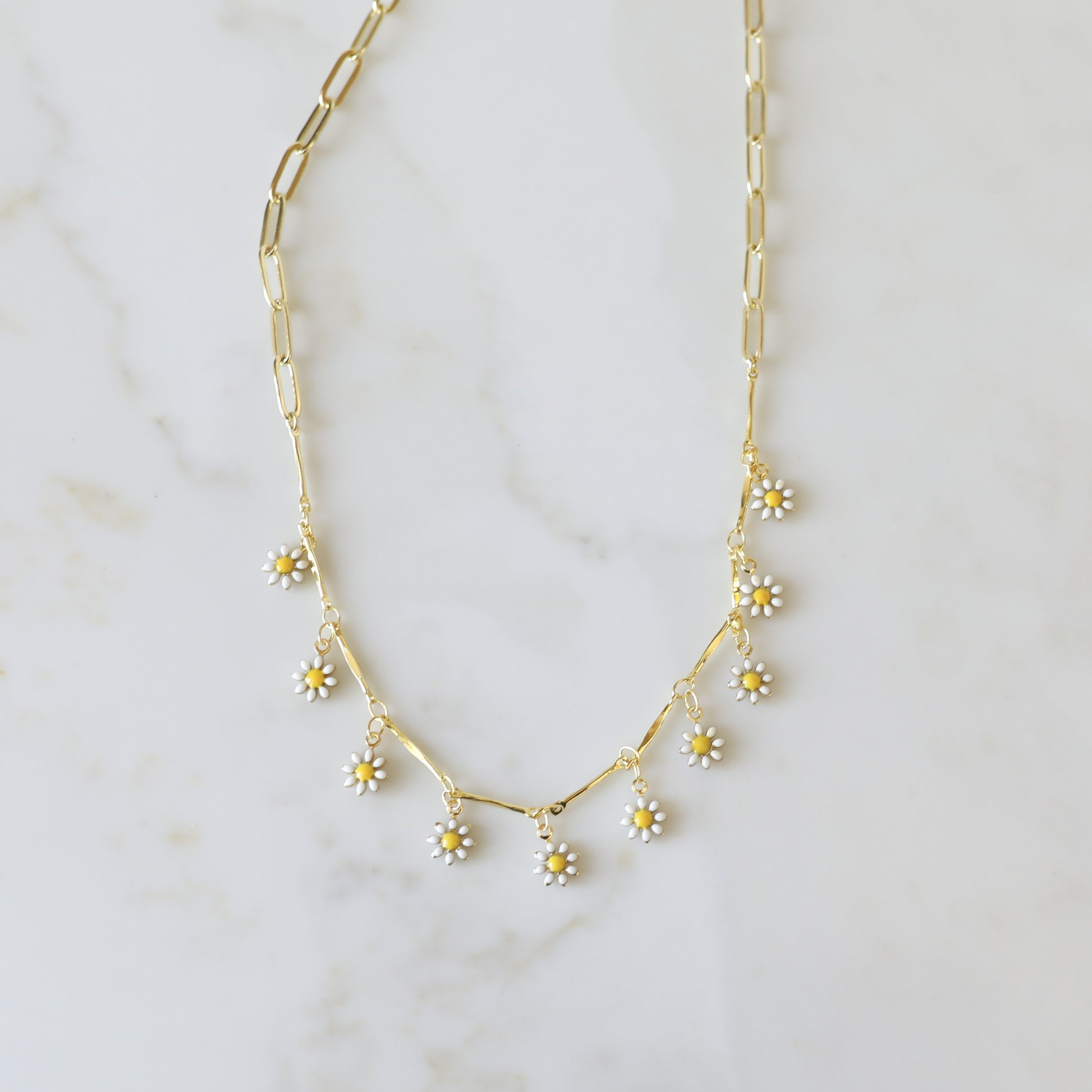 White Enamel Daisy Charm Layering Necklace