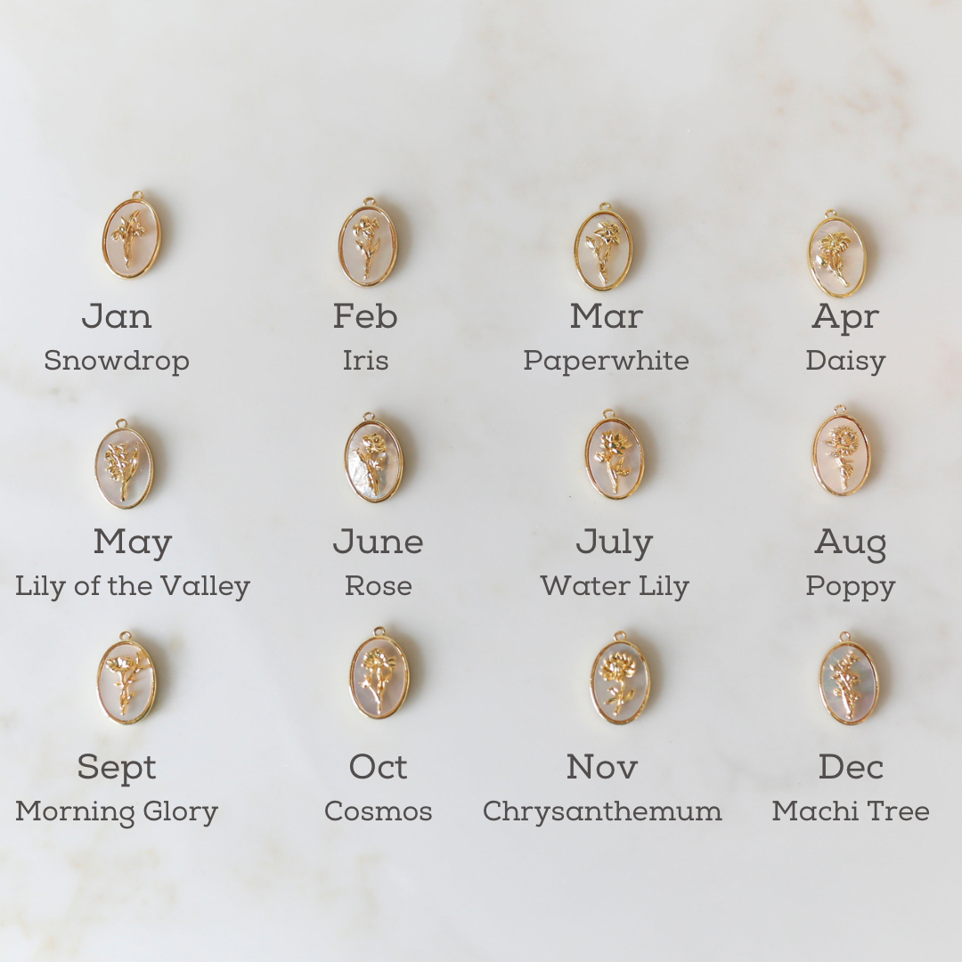 Birth Month Duo Necklace Mother of Pearl Birth Flower Charm