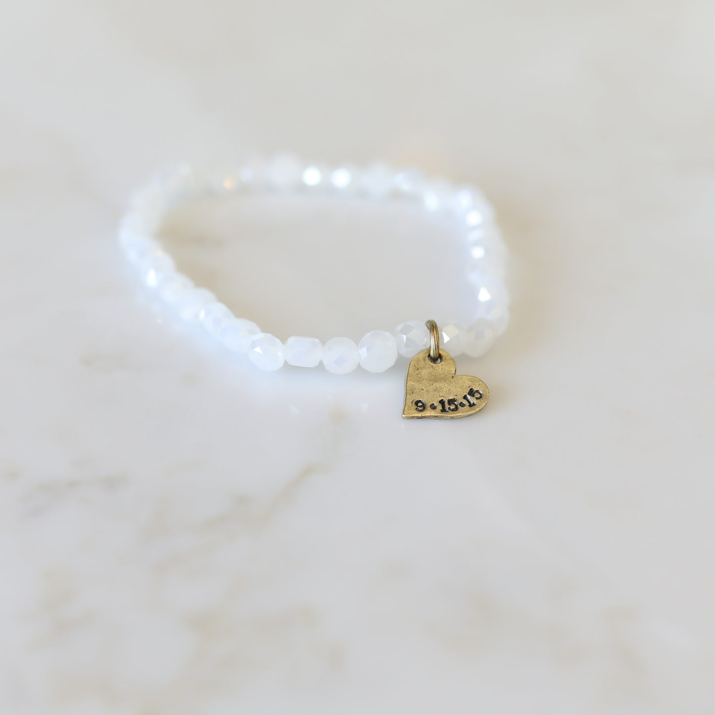 I Do Stack Bracelets with Crystal and Agate beads with a personalized heart charm