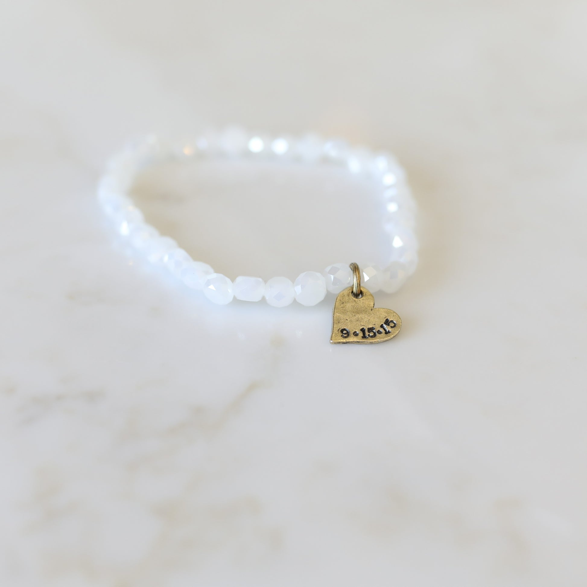 I Do Stack Bracelets with Crystal and Agate beads with a personalized heart charm