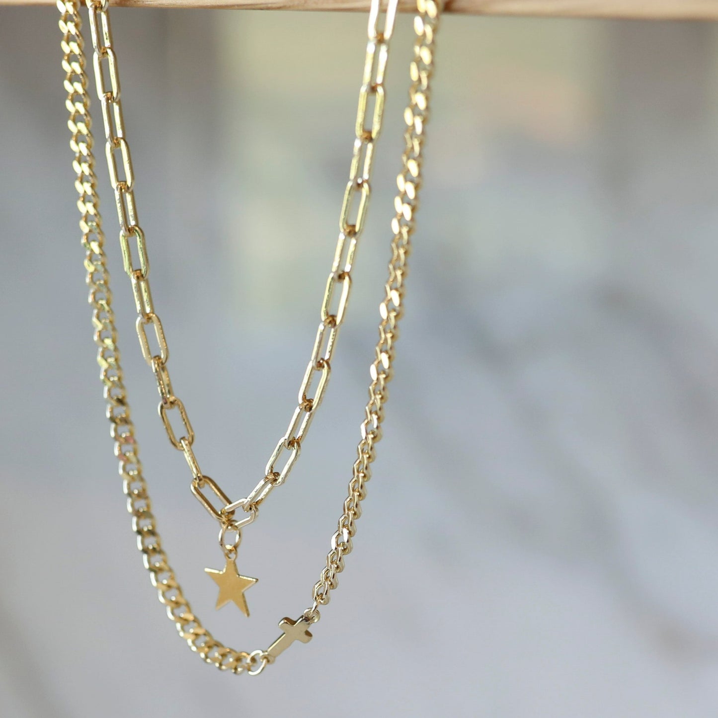 Cross plus Star Layering Necklace
