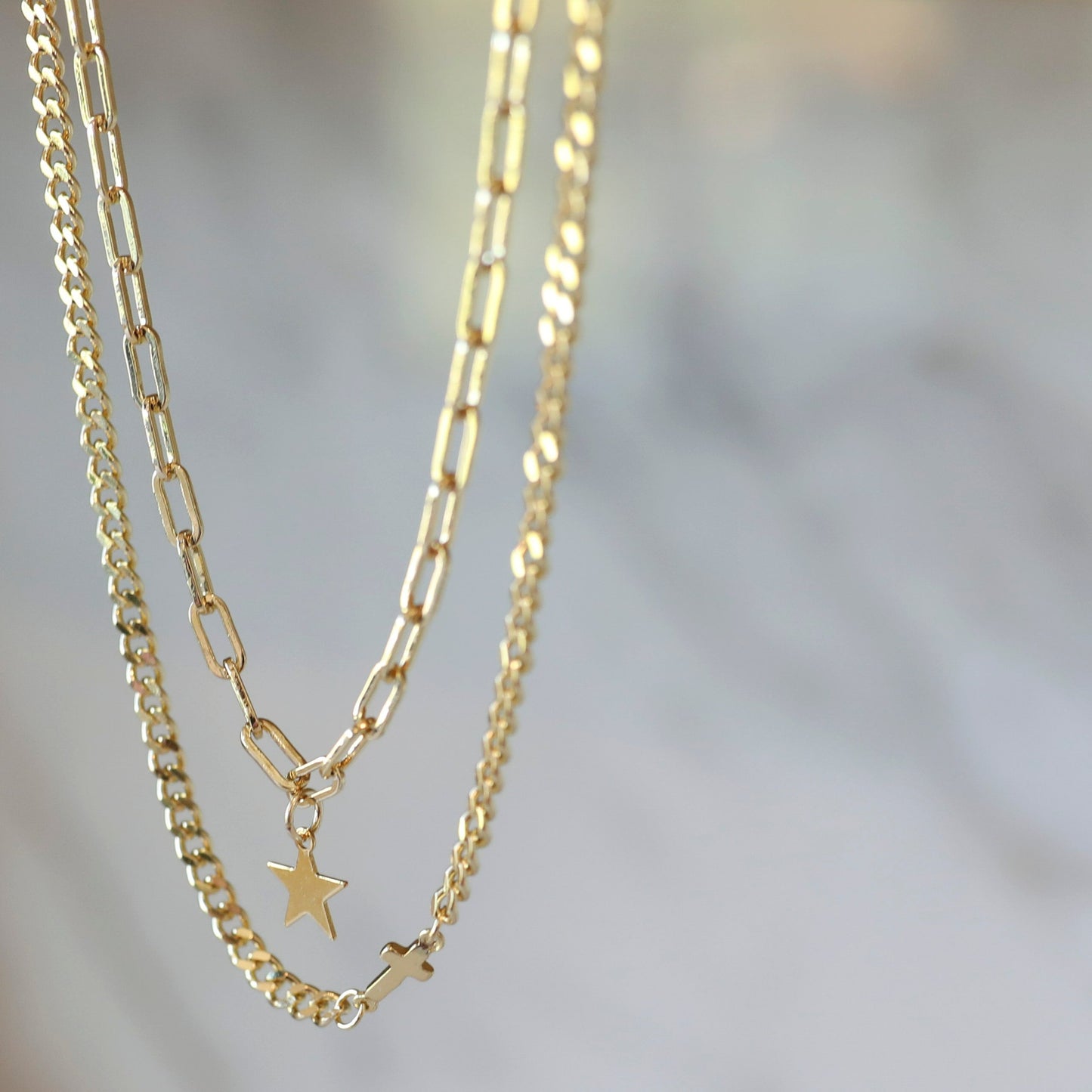 Cross plus Star Layering Necklace