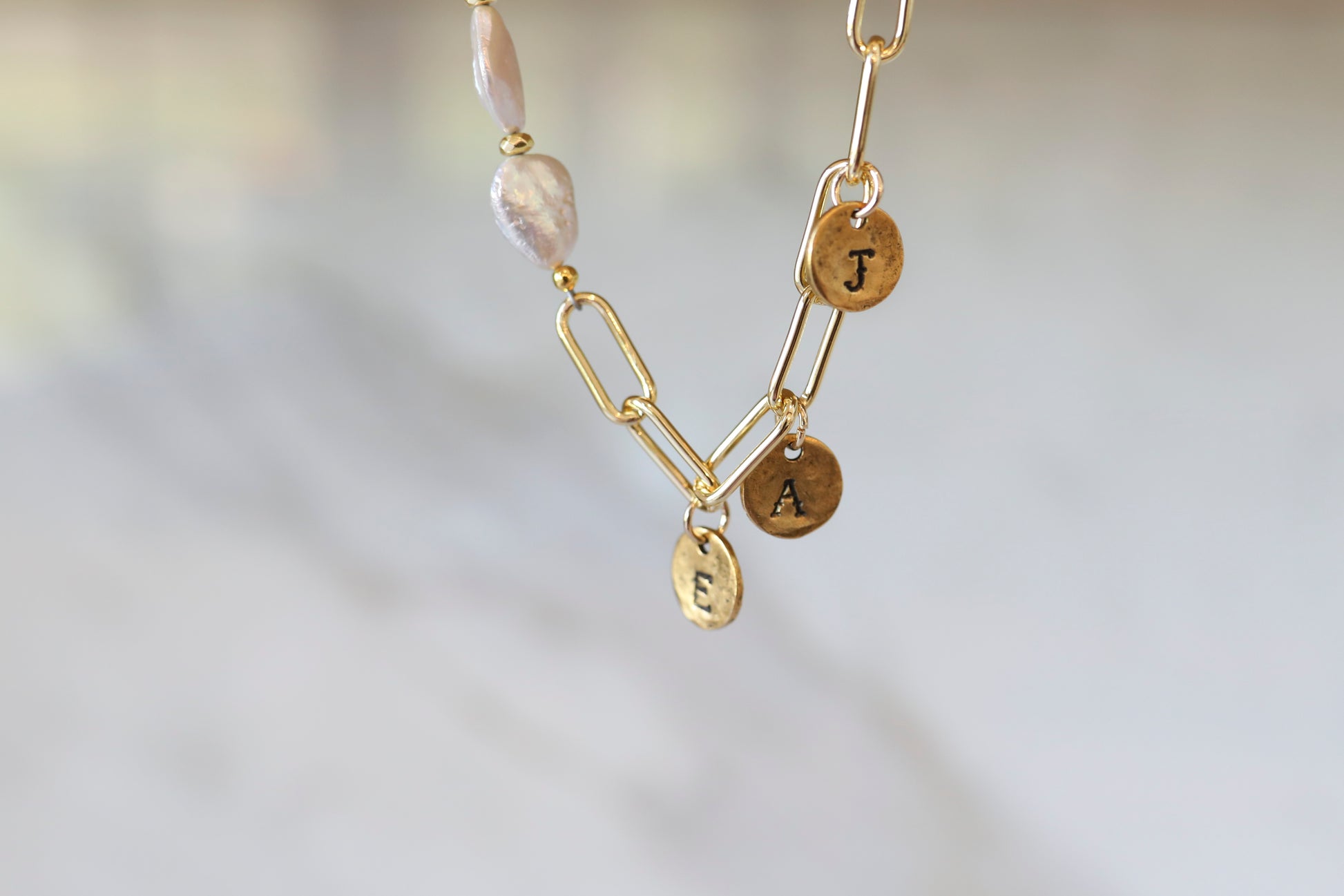 Personalized Asymmetrical Pearl Charm Necklace in Gold