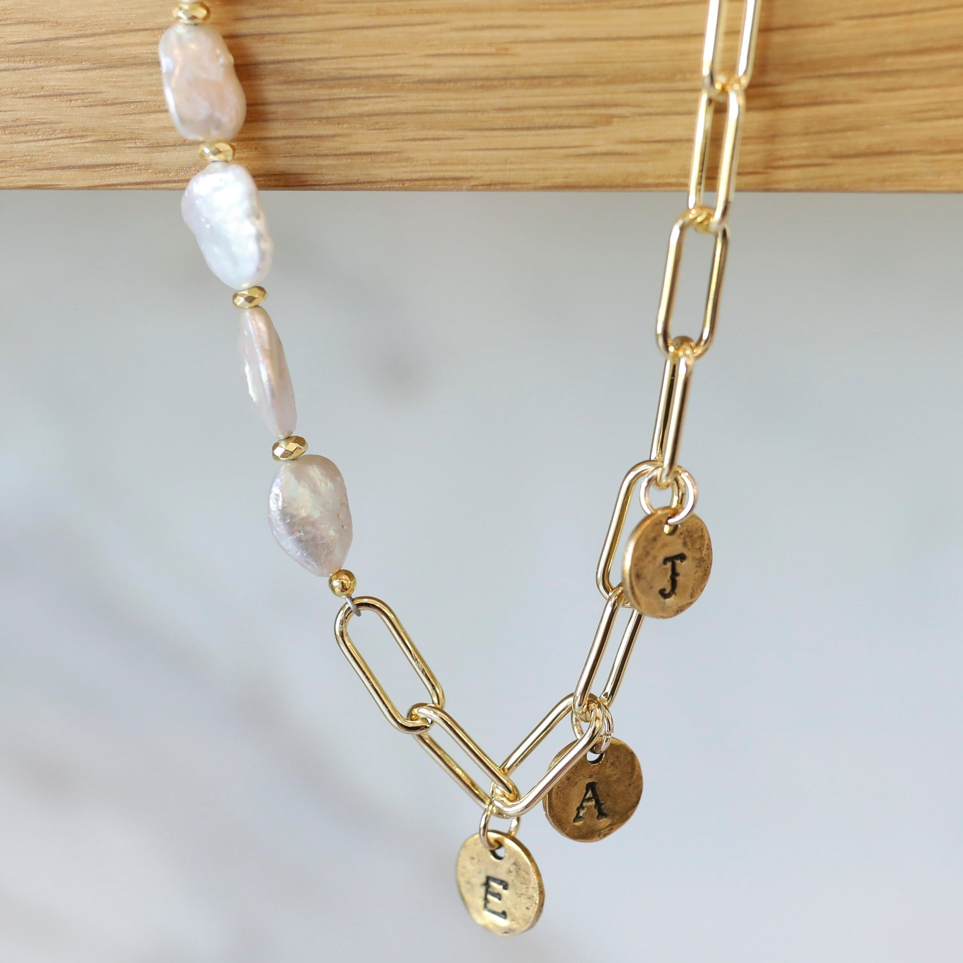 Personalized Asymmetrical Pearl Charm Necklace in Gold