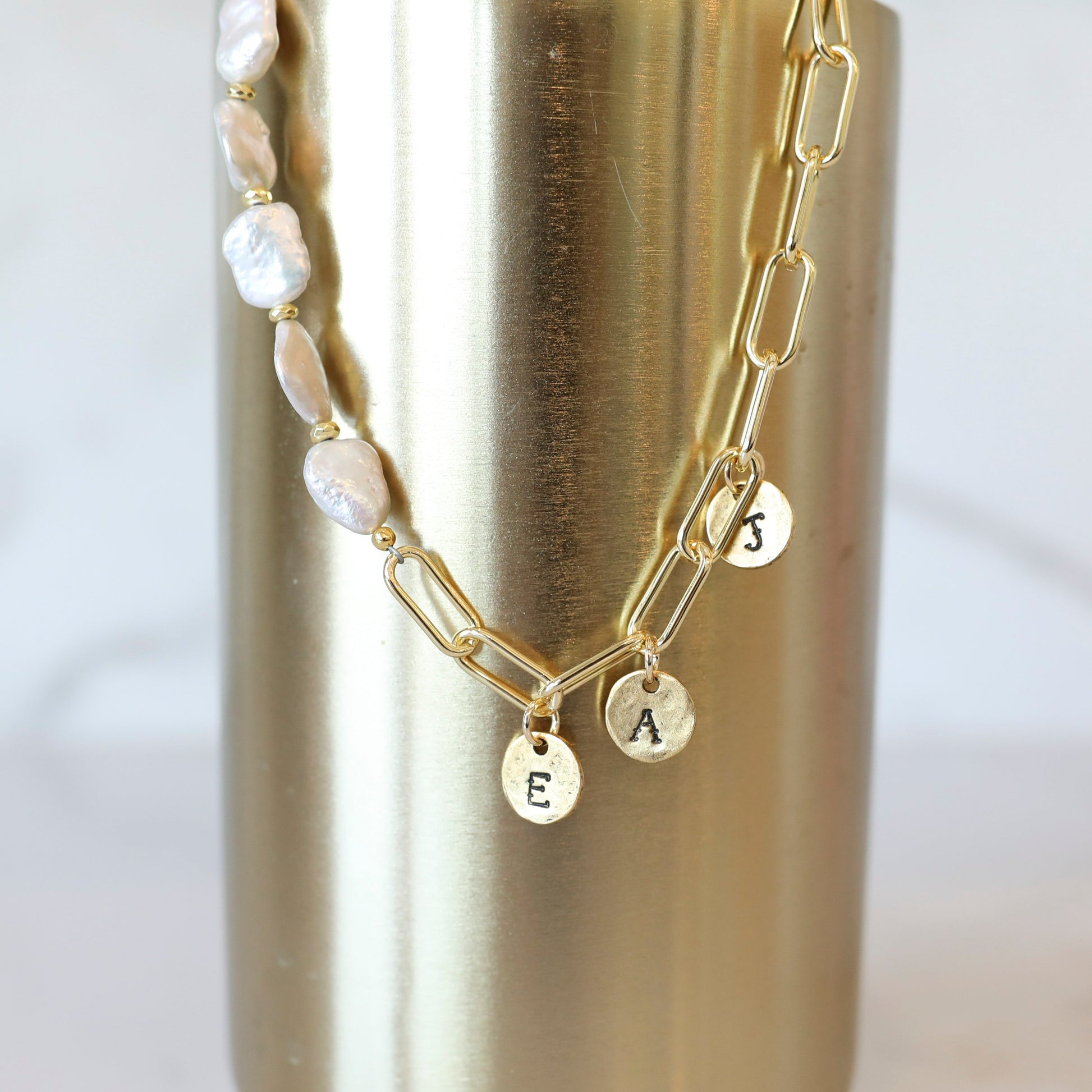 Personalized Asymmetrical Pearl Charm Necklace in Gold