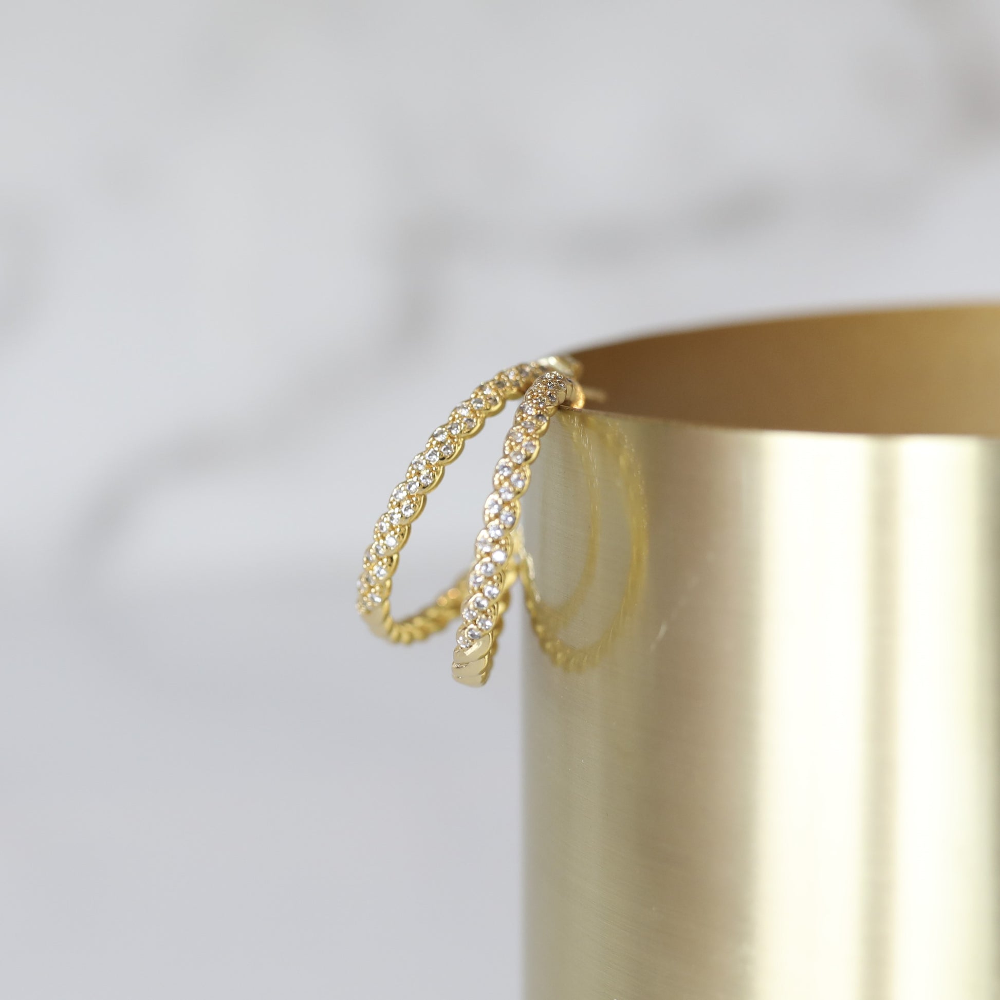 Thin Braided Cubic Zirconia Hoop Earrings in Gold - available in two sizes