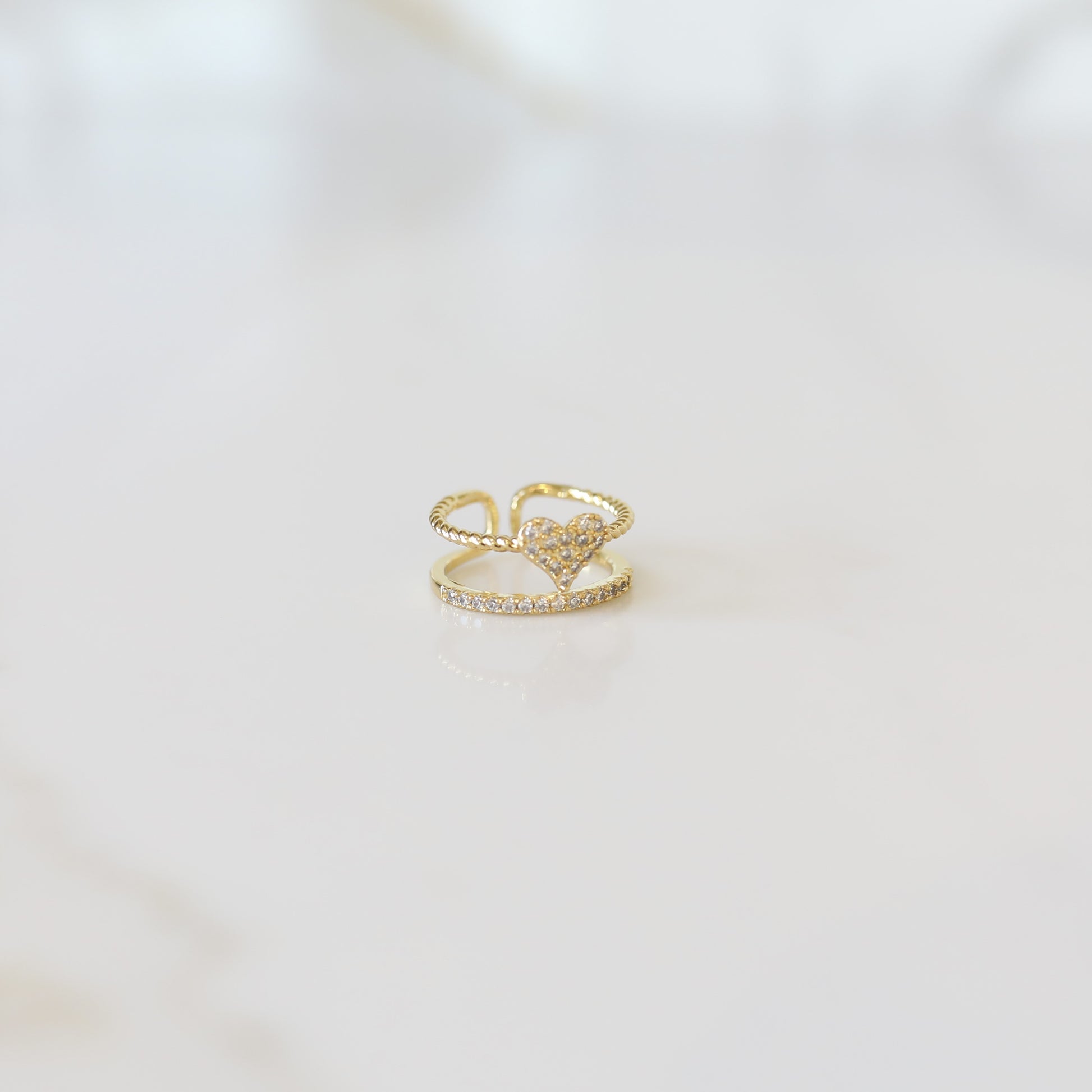 Double Band with Heart Cubic Zirconia Gold Stacking Ring