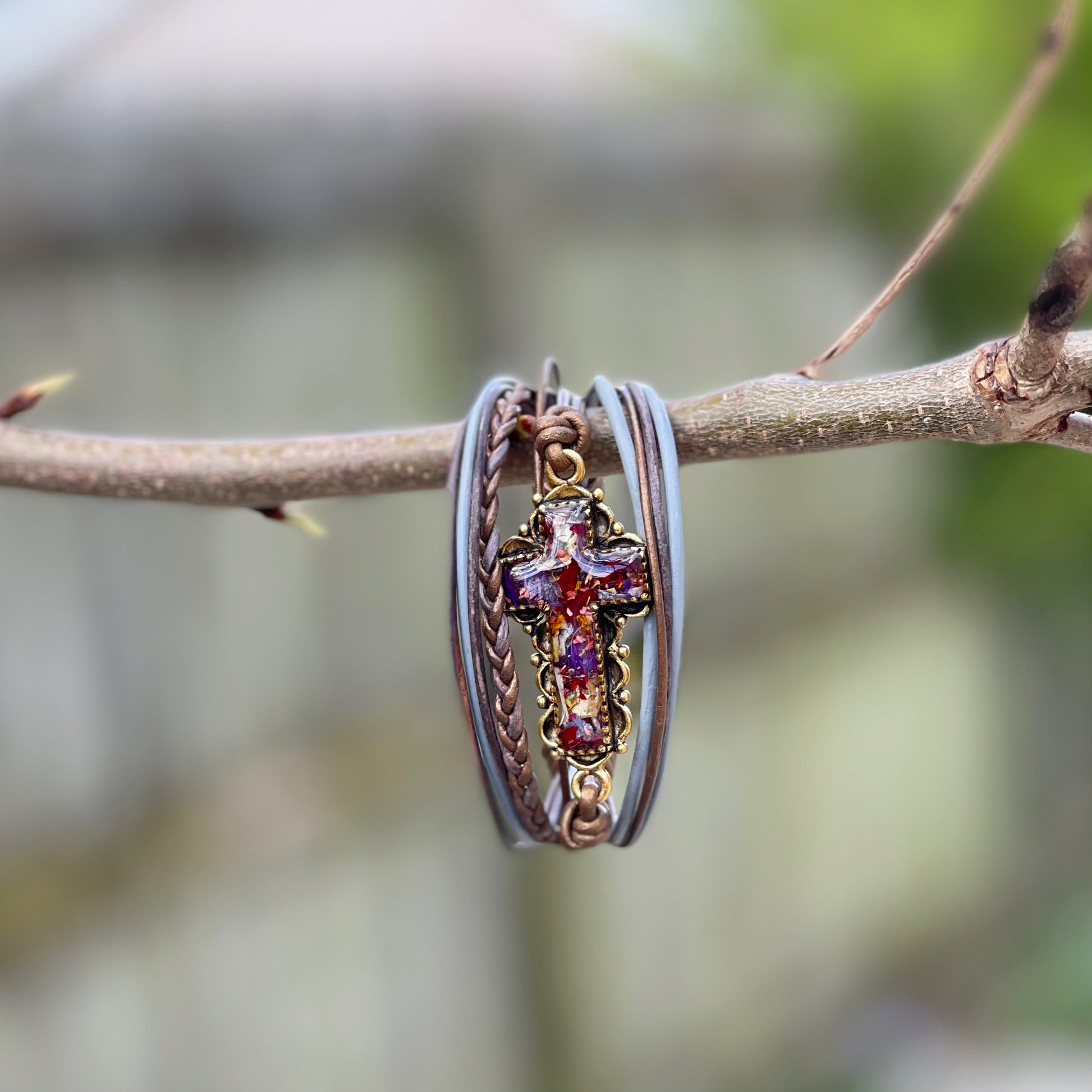 Memory Flower Ornate Cross Braided Bracelet