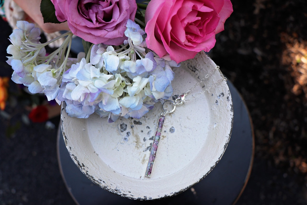 Memory Flower Long Narrow Bar Necklace