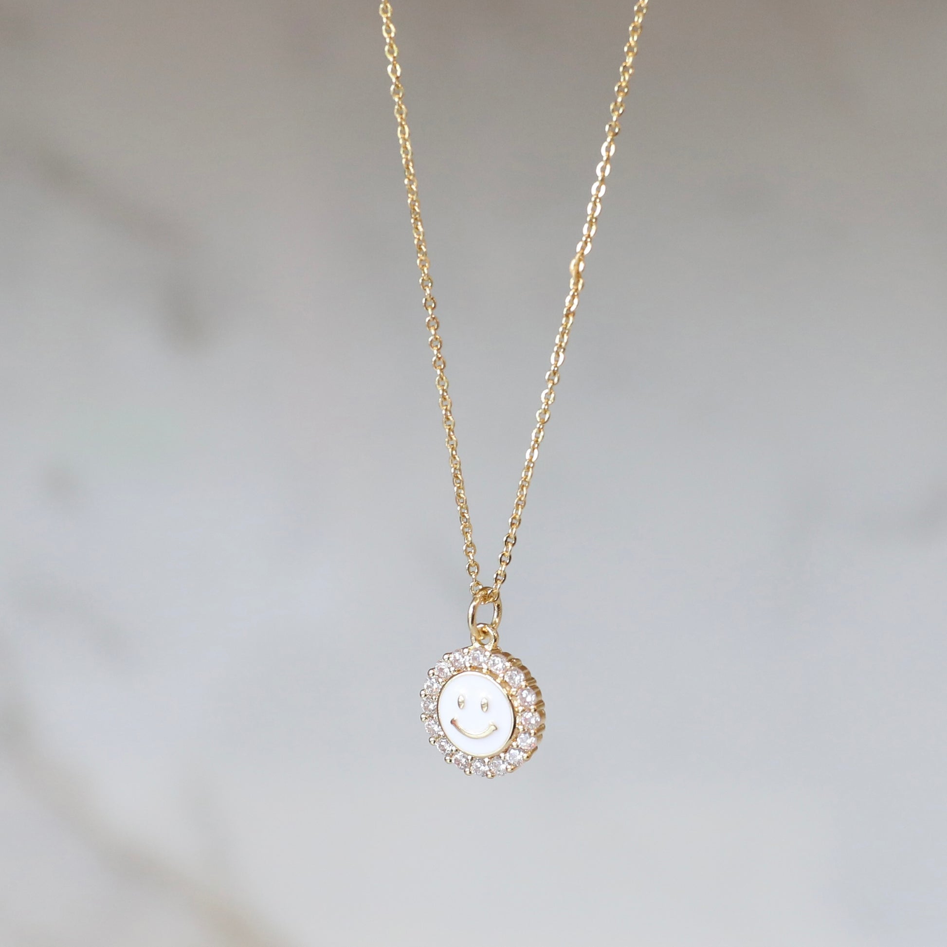 Smiley Face Necklace with Cubic Zirconia - White