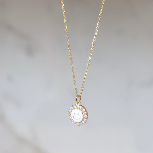 Smiley Face Necklace with Cubic Zirconia - White
