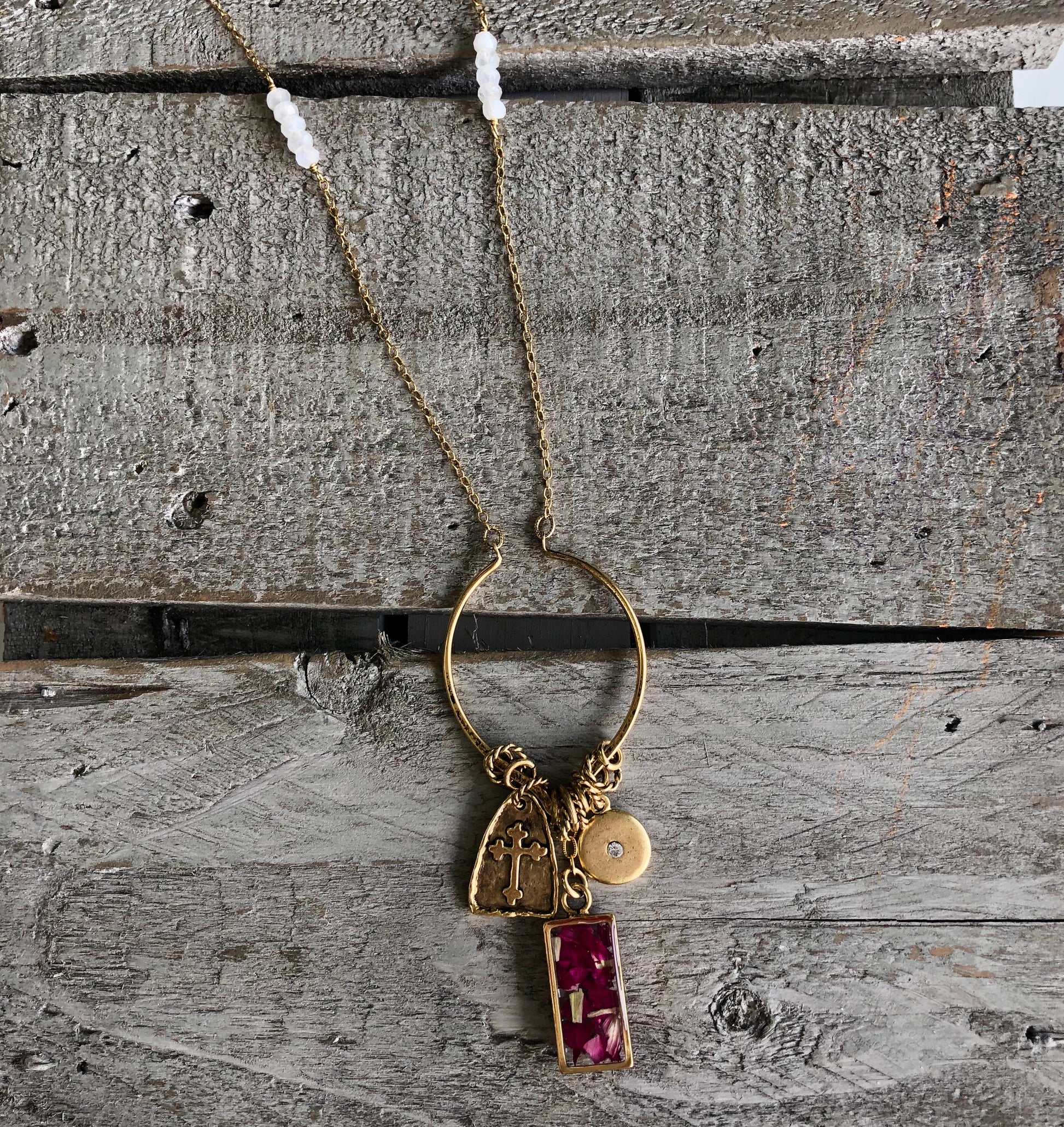 Memory Flower Diamond Hoop Charm Necklace >