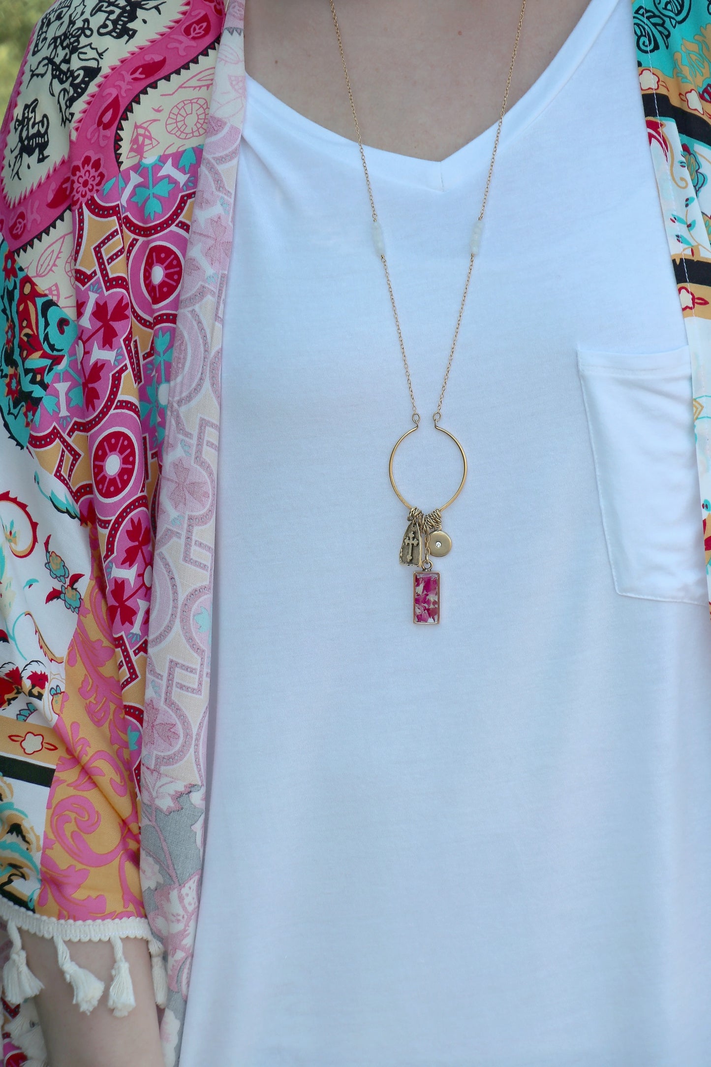 Memory Flower Diamond Hoop Charm Necklace -long gold necklace using pink flowers with charms dangling >
