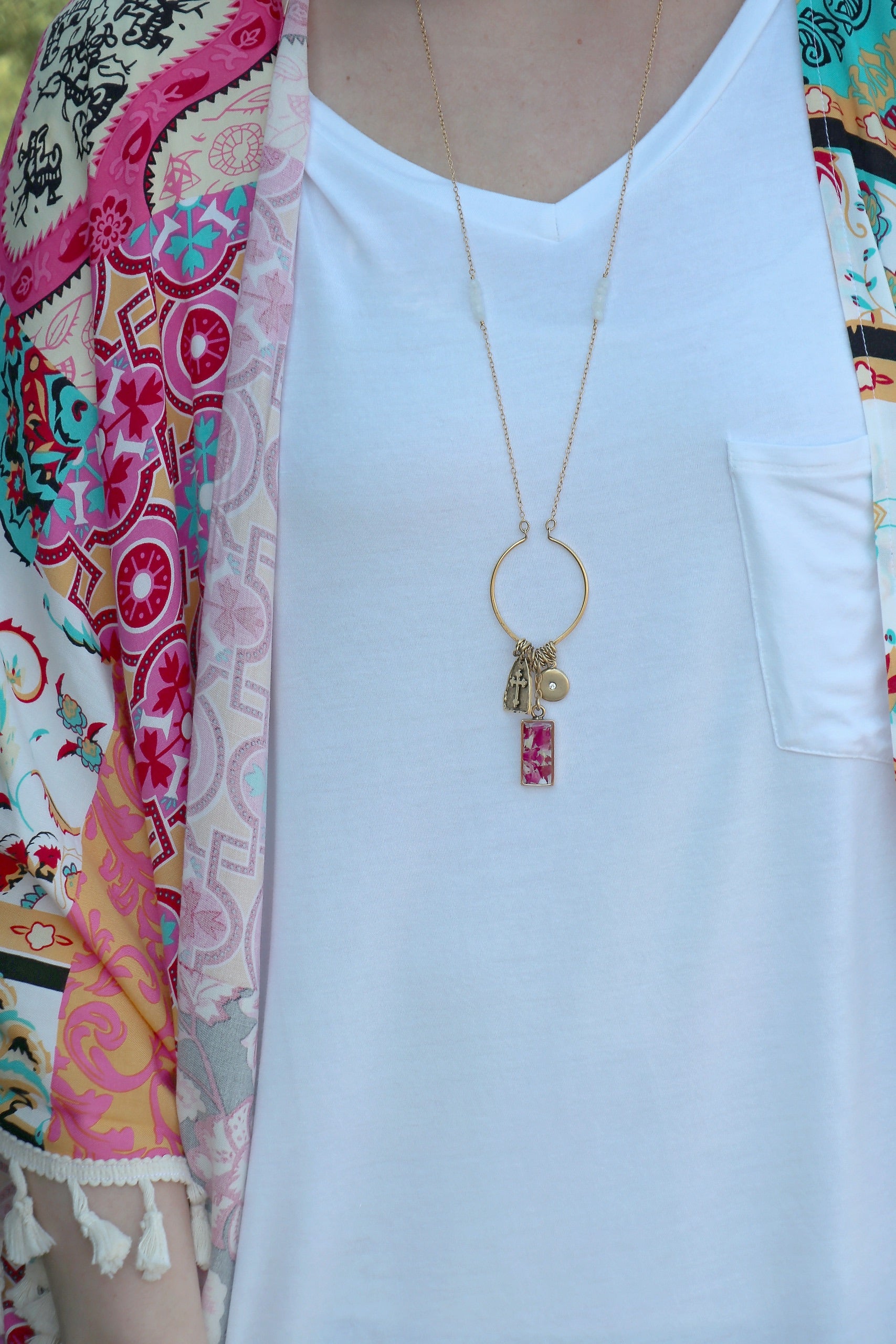 Memory Flower Diamond Hoop Charm Necklace -long  gold necklace using pink flowers with charms dangling >