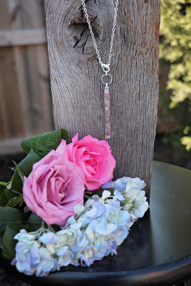 Memory Flower Long Narrow Bar Necklace