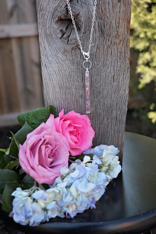 Memory Flower Long Narrow Bar Necklace