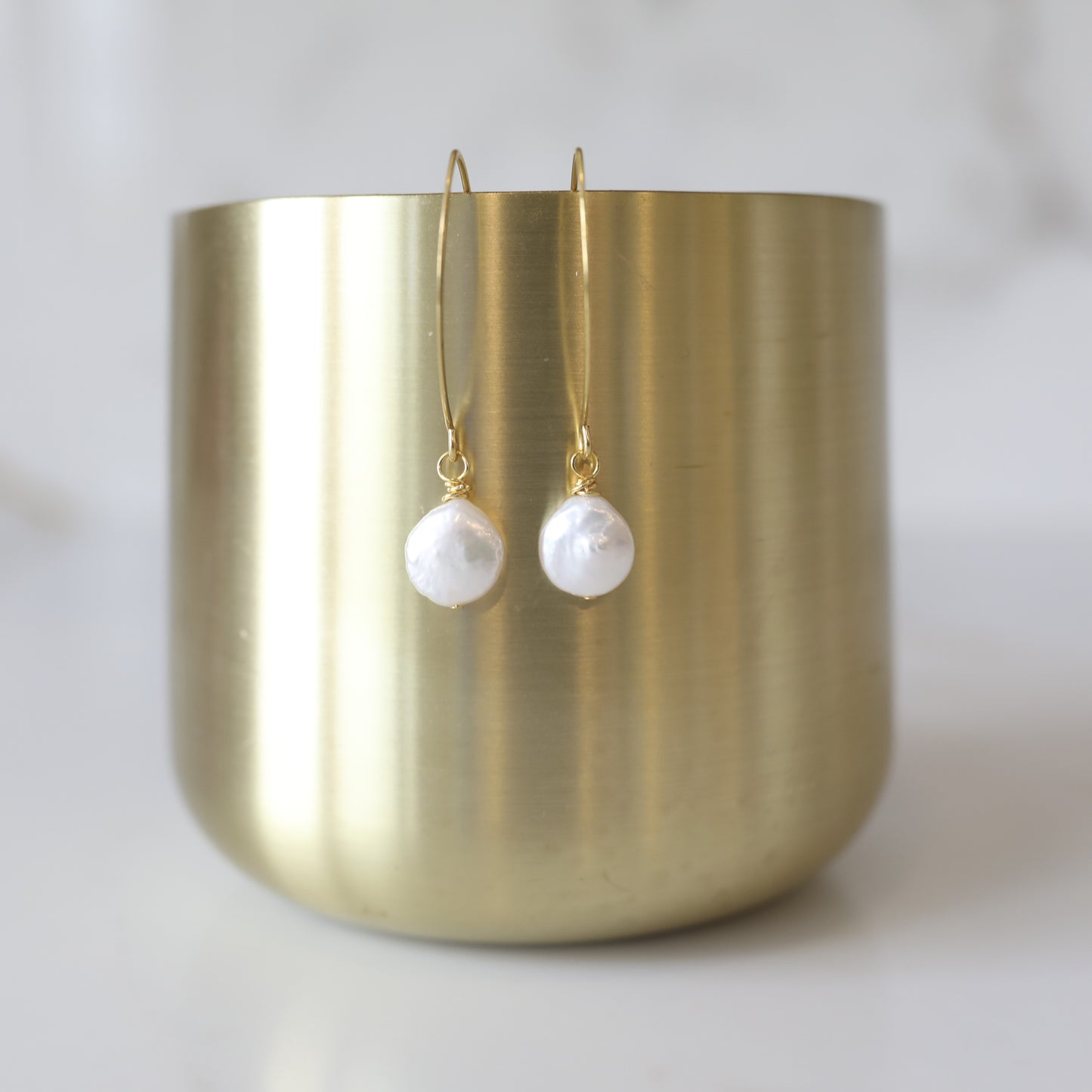 Gold Patience and Strength Hoop Earrings with Fresh Water Pearls