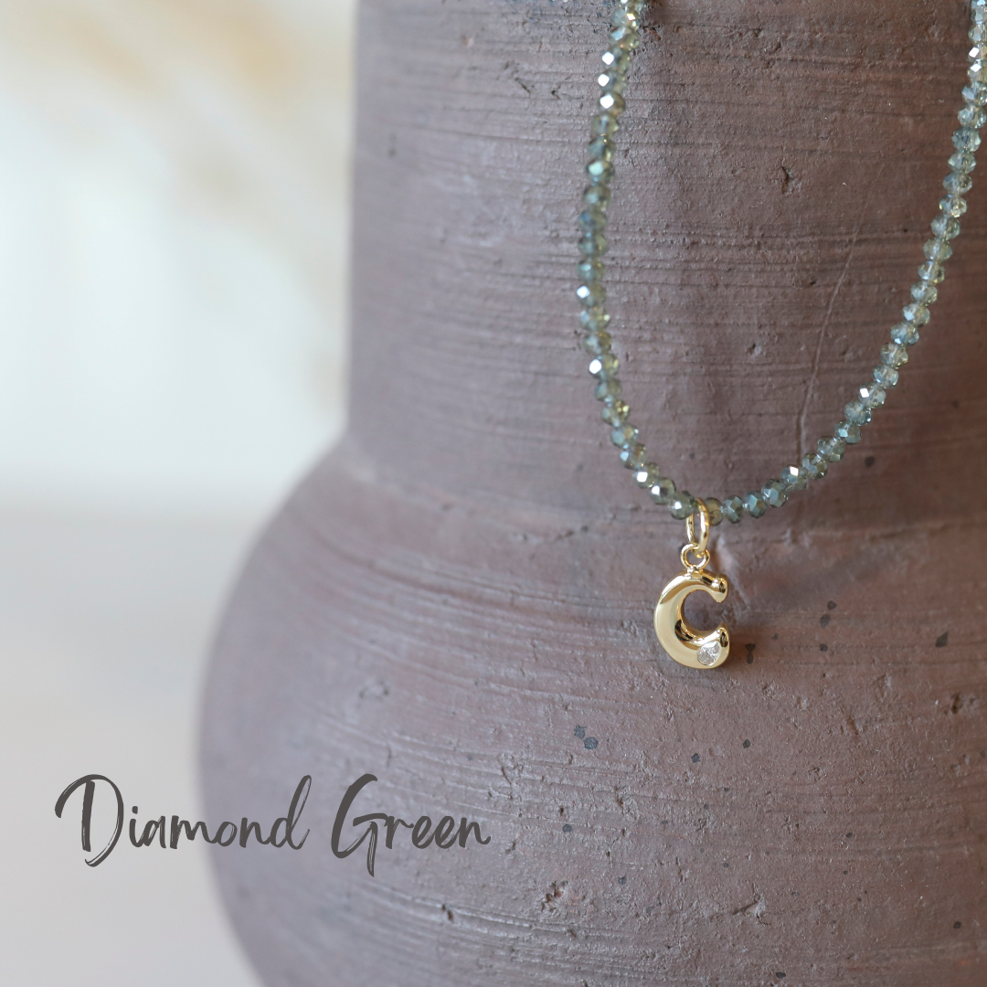 Micro Faceted Initial Necklace in Diamond Green