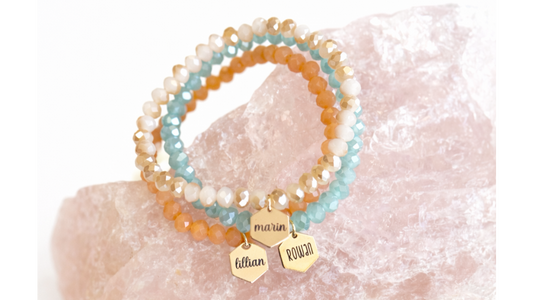 Personalized Crystal Stack Bracelets with a Gold| Engraved Charm