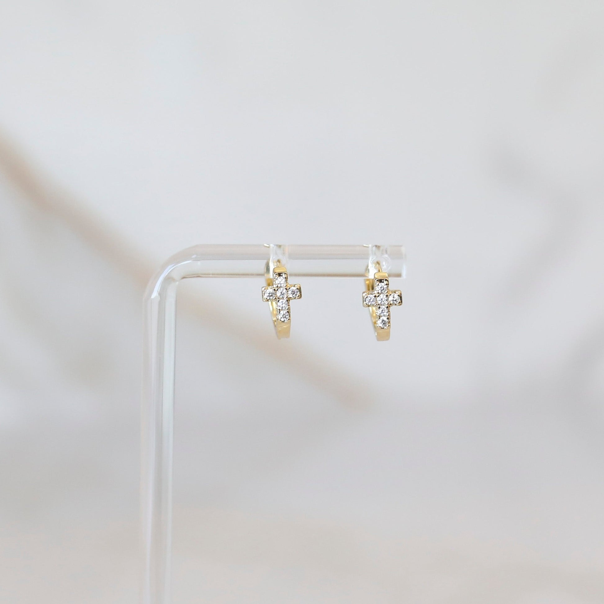 Dainty Huggie Hoop Earrings with Cubic Zirconia - Cross