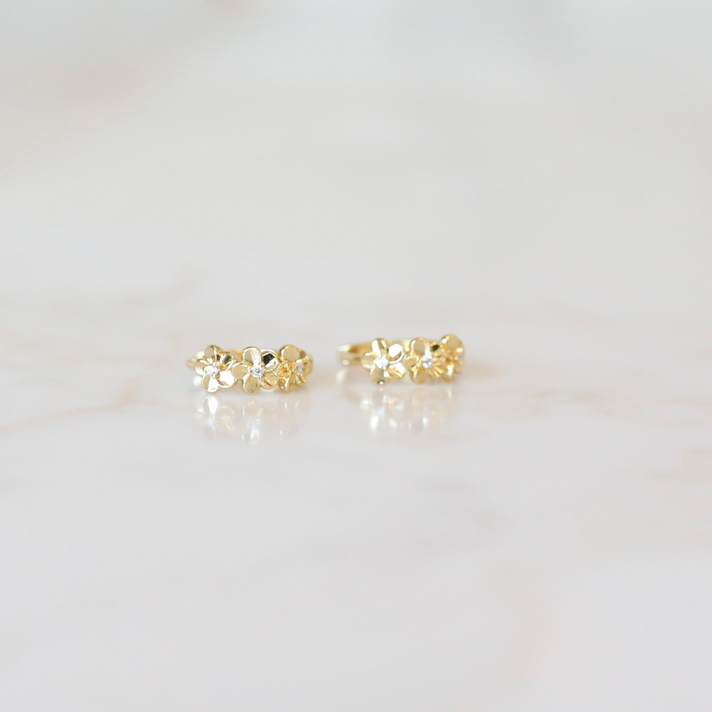 Dainty Huggie Hoop Earrings with Cubic Zirconia - Flower