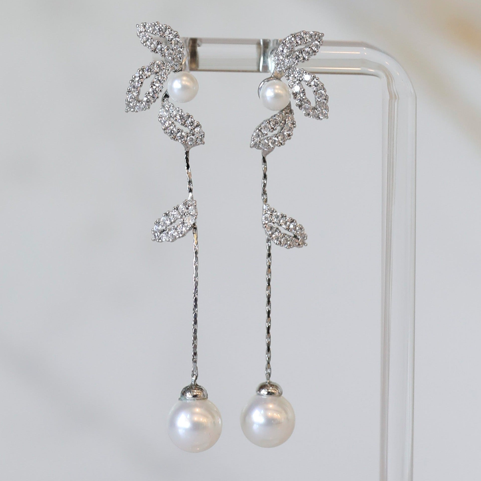 CZ Flower Drop Earrings in Silver