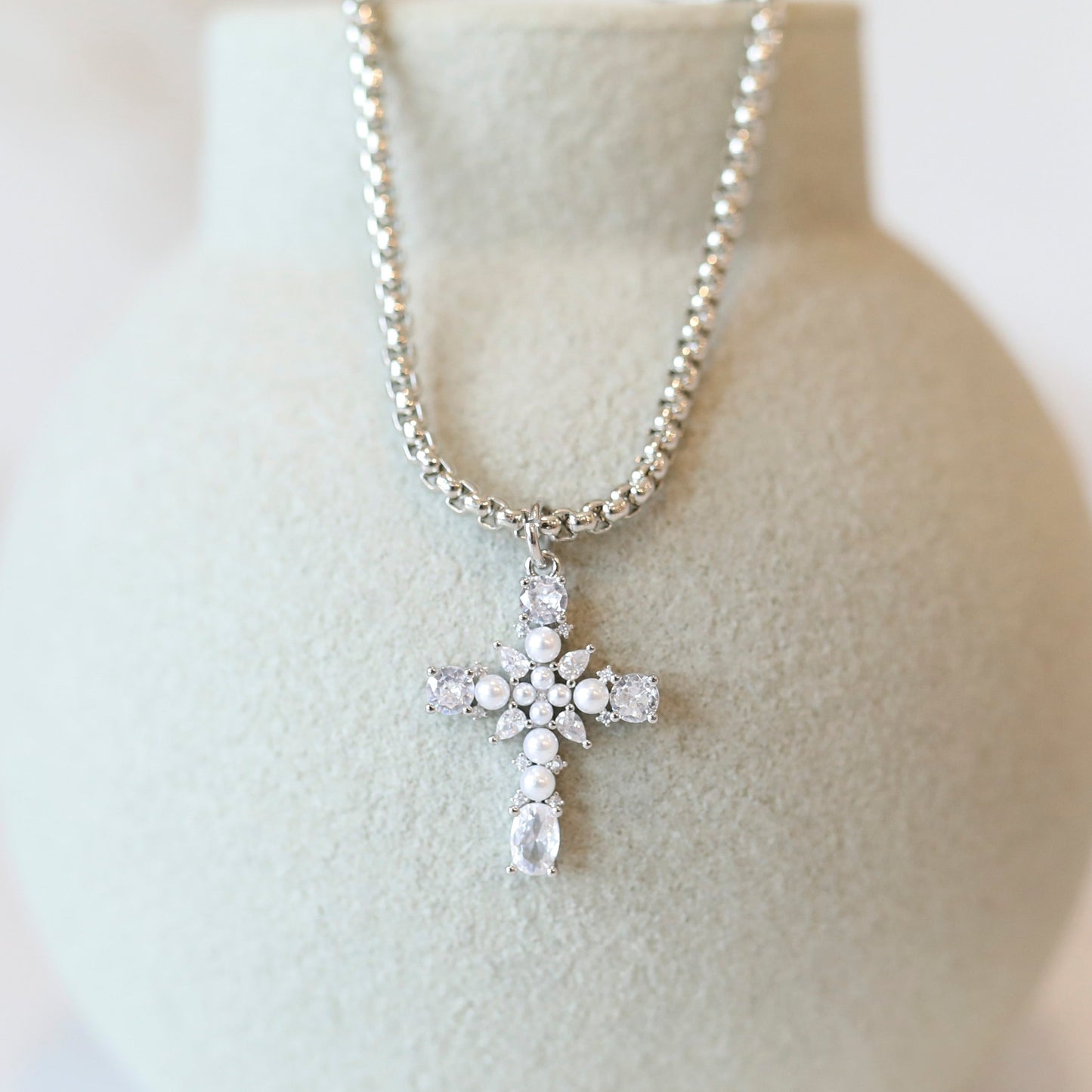 Pearl + CZ Statement Cross Necklace - Silver (Rhodium plated)