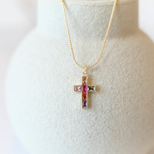 Multicolored Baguette Cross Necklace
