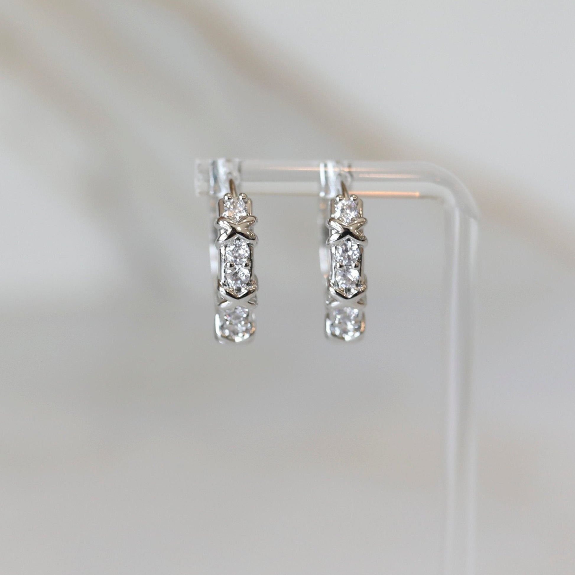 CZ Crossover Hoop Earrings in Silver