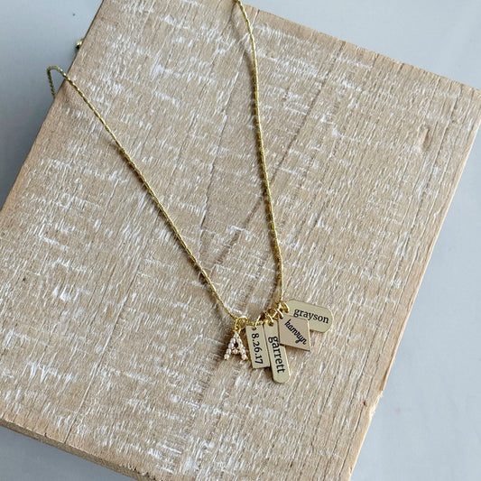 Mini Engraved Charm Necklace with a pearl A initial on a tube chain