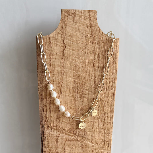 Engraved Asymmetrical Pearl Charm Necklace