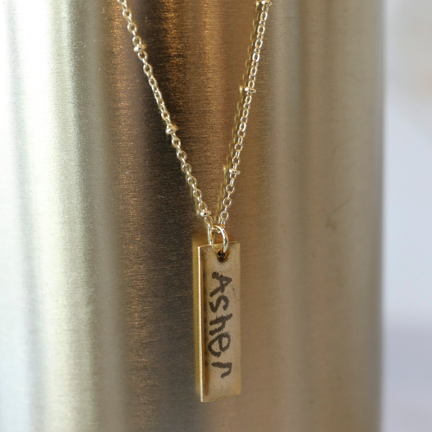 Vertical Bar Handwriting Necklace available in Gold