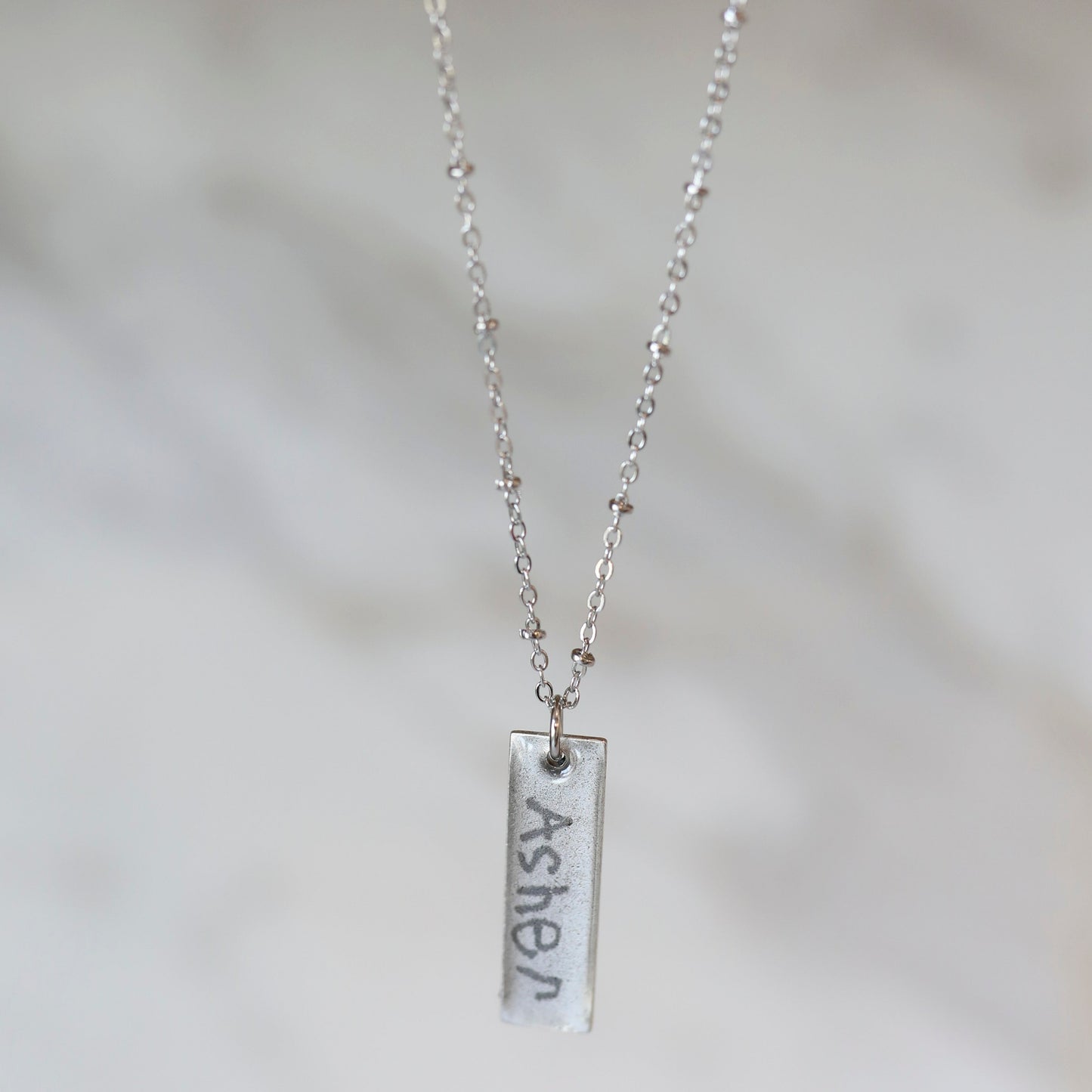 Vertical Bar Handwriting Necklace available in Antique Silver