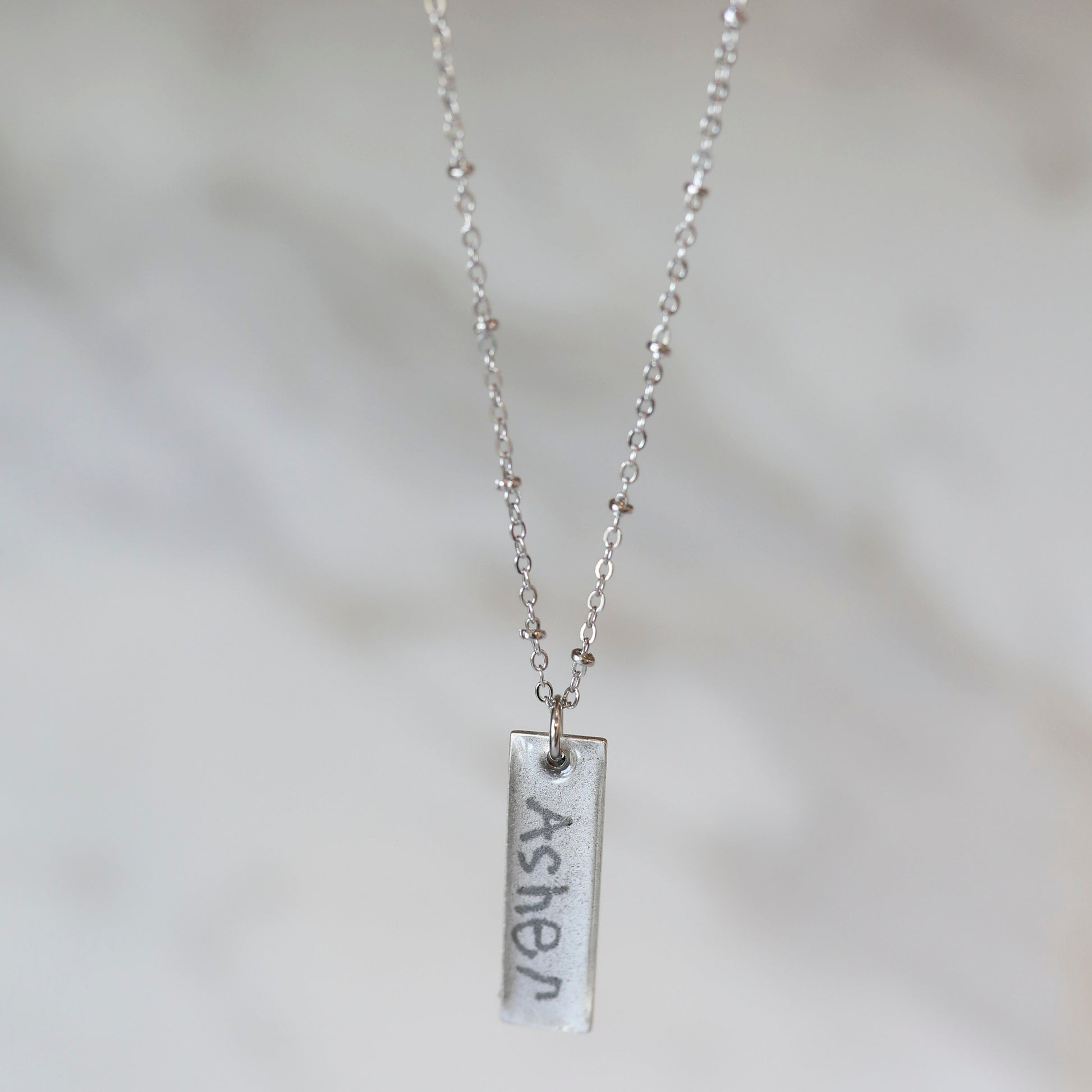 Vertical Bar Handwriting Necklace available in Antique Silver