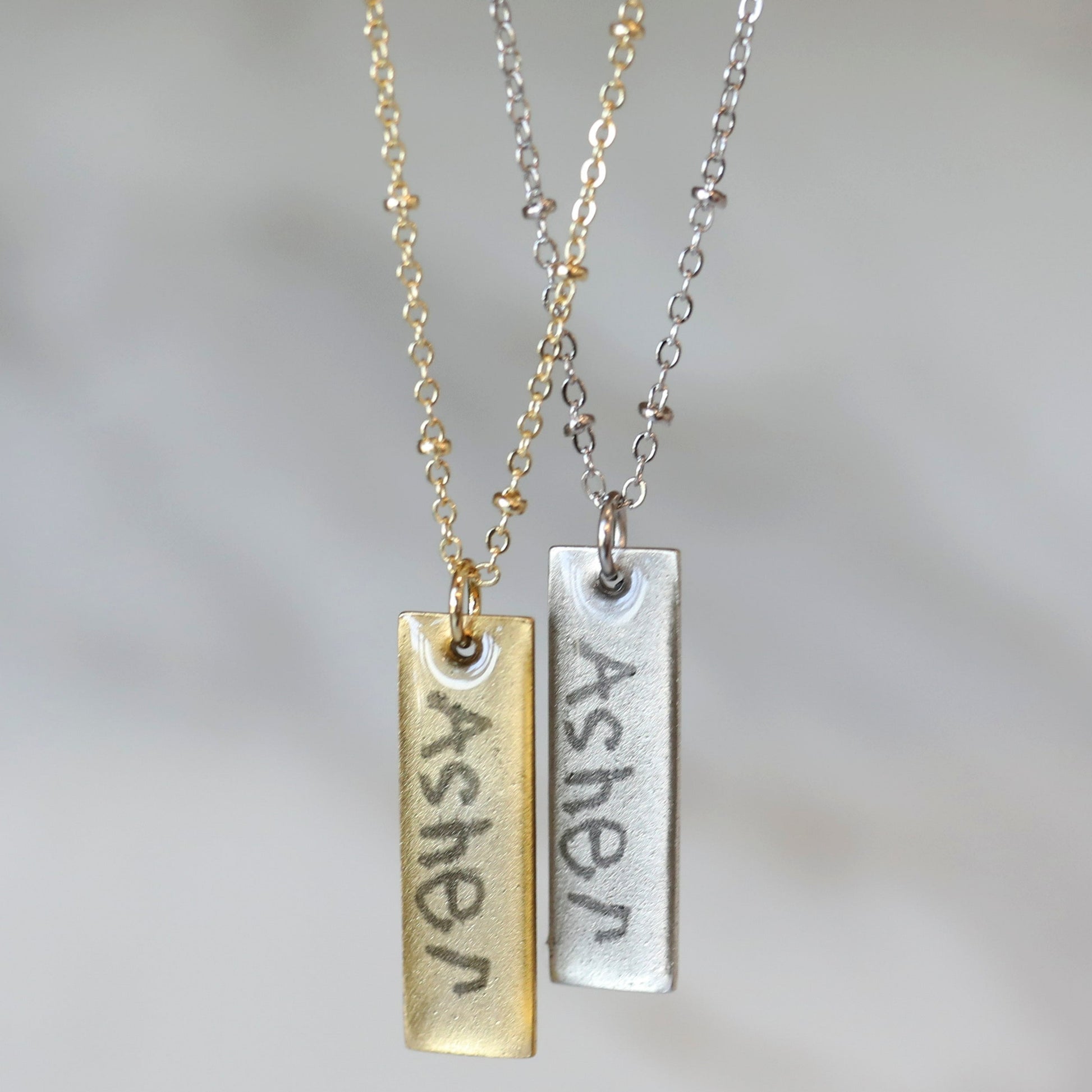 Vertical Bar Handwriting Necklace available in Antique Silver or Gold