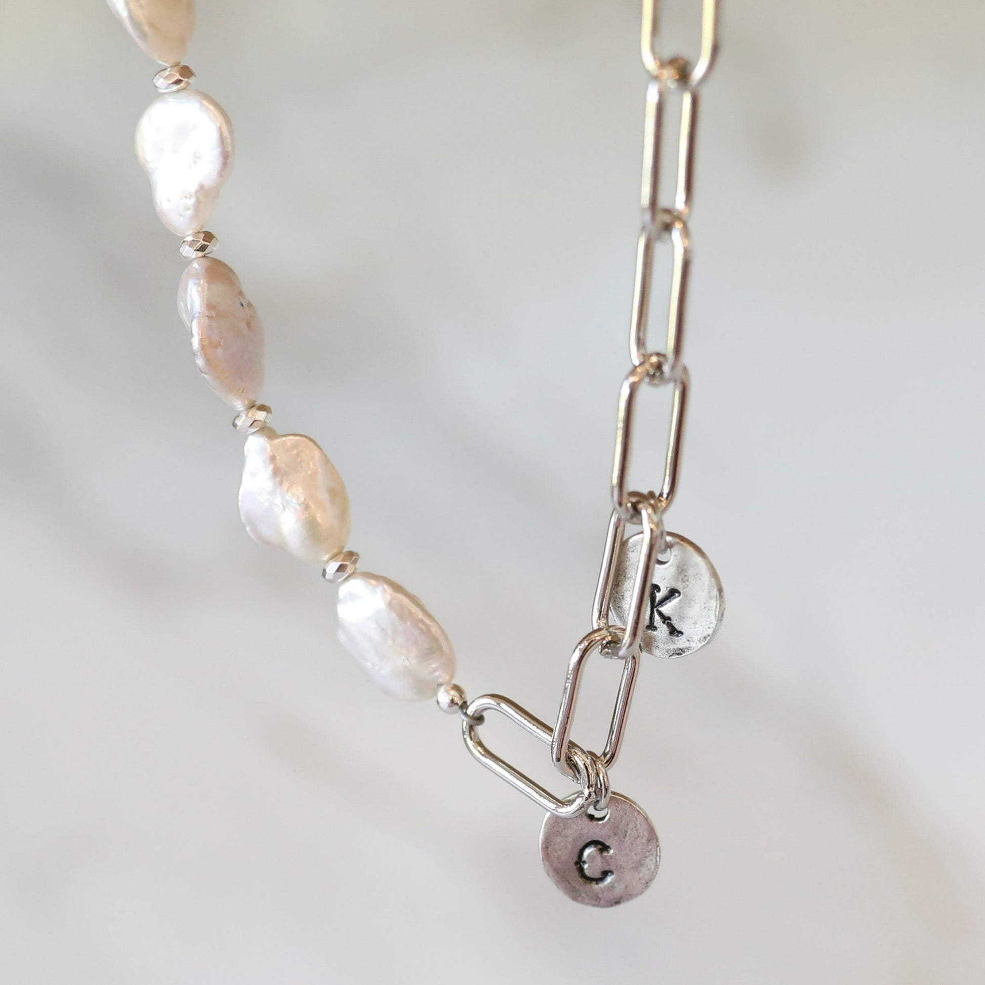 Personalized Asymmetrical Pearl Charm Necklace in Silver