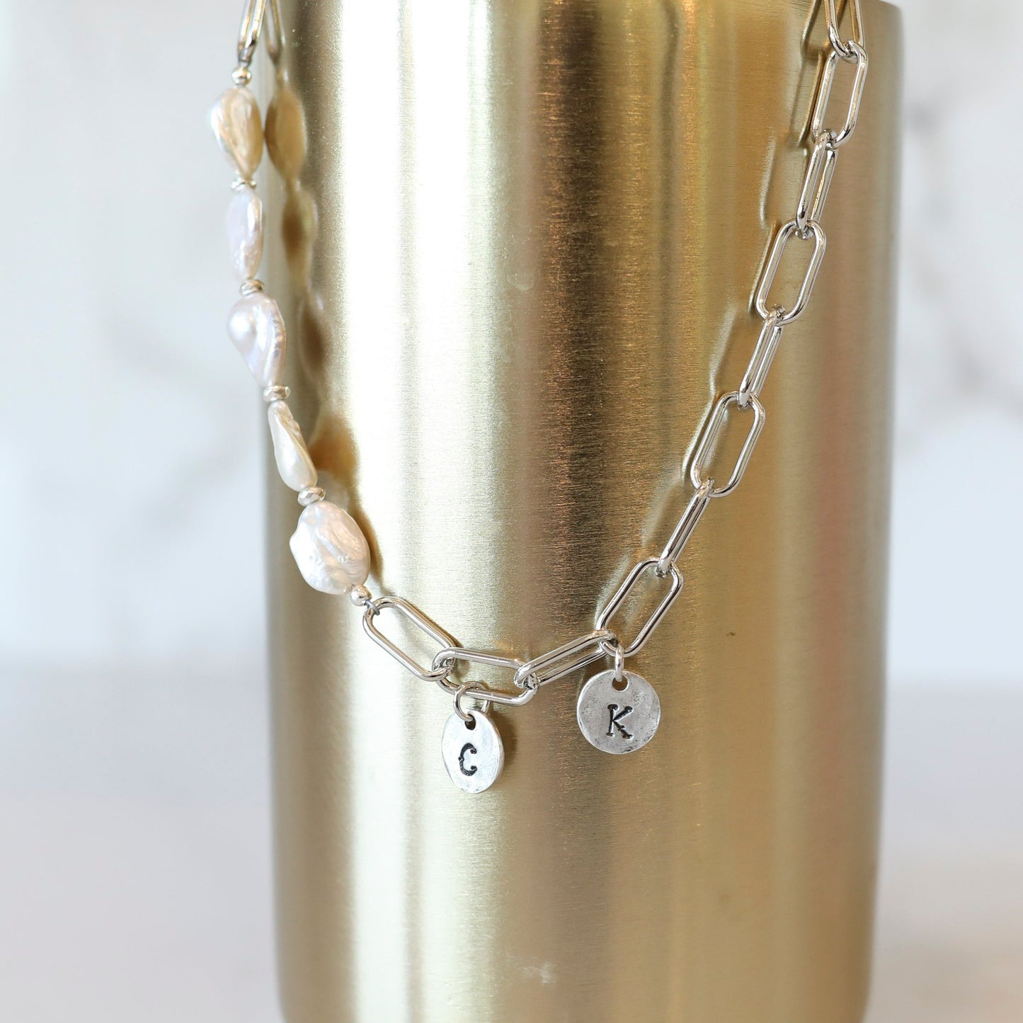 Personalized Asymmetrical Pearl Charm Necklace in Silver