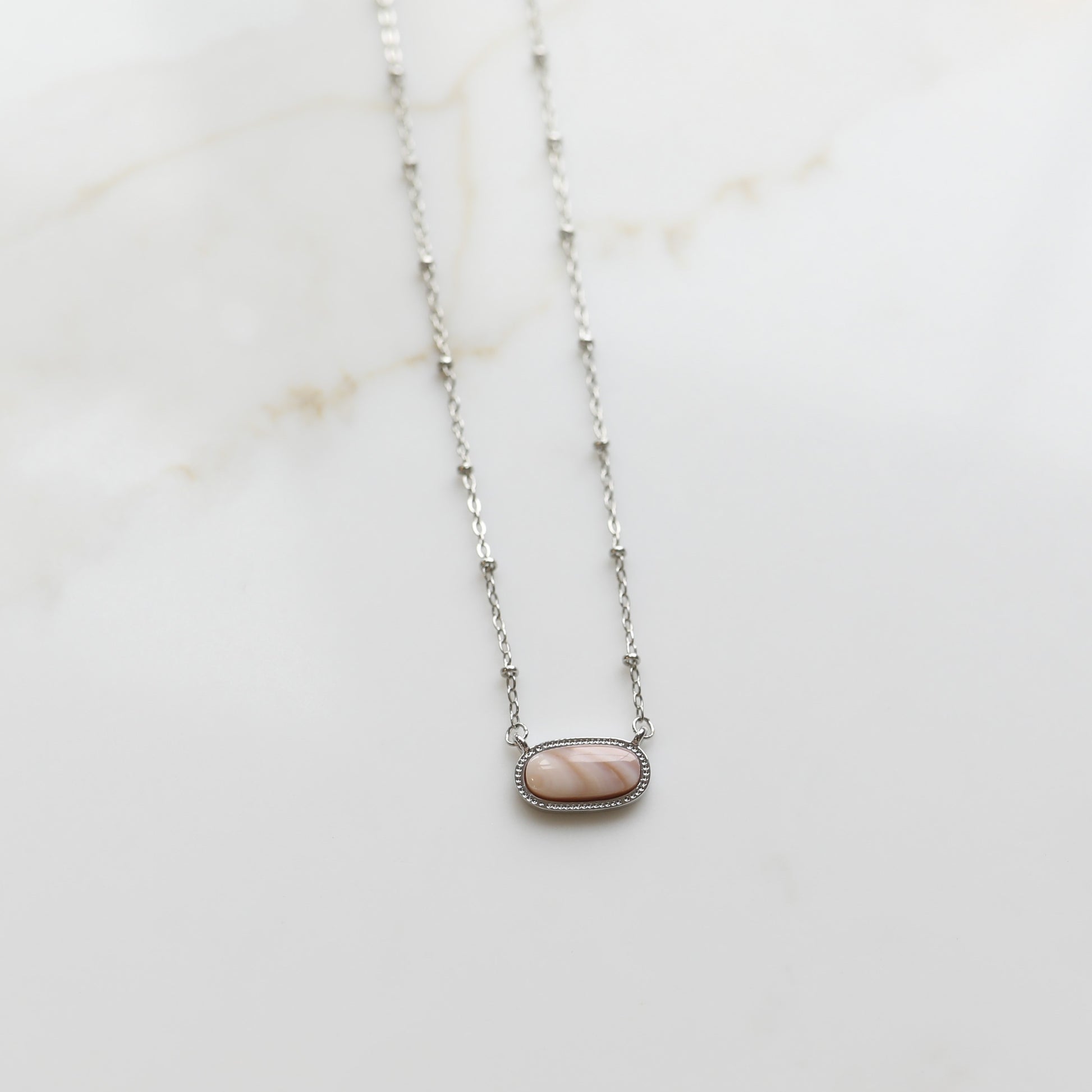 Meaningful Gemstone Necklace in Mother of Pearl Pink available with a Gold or Silver chain