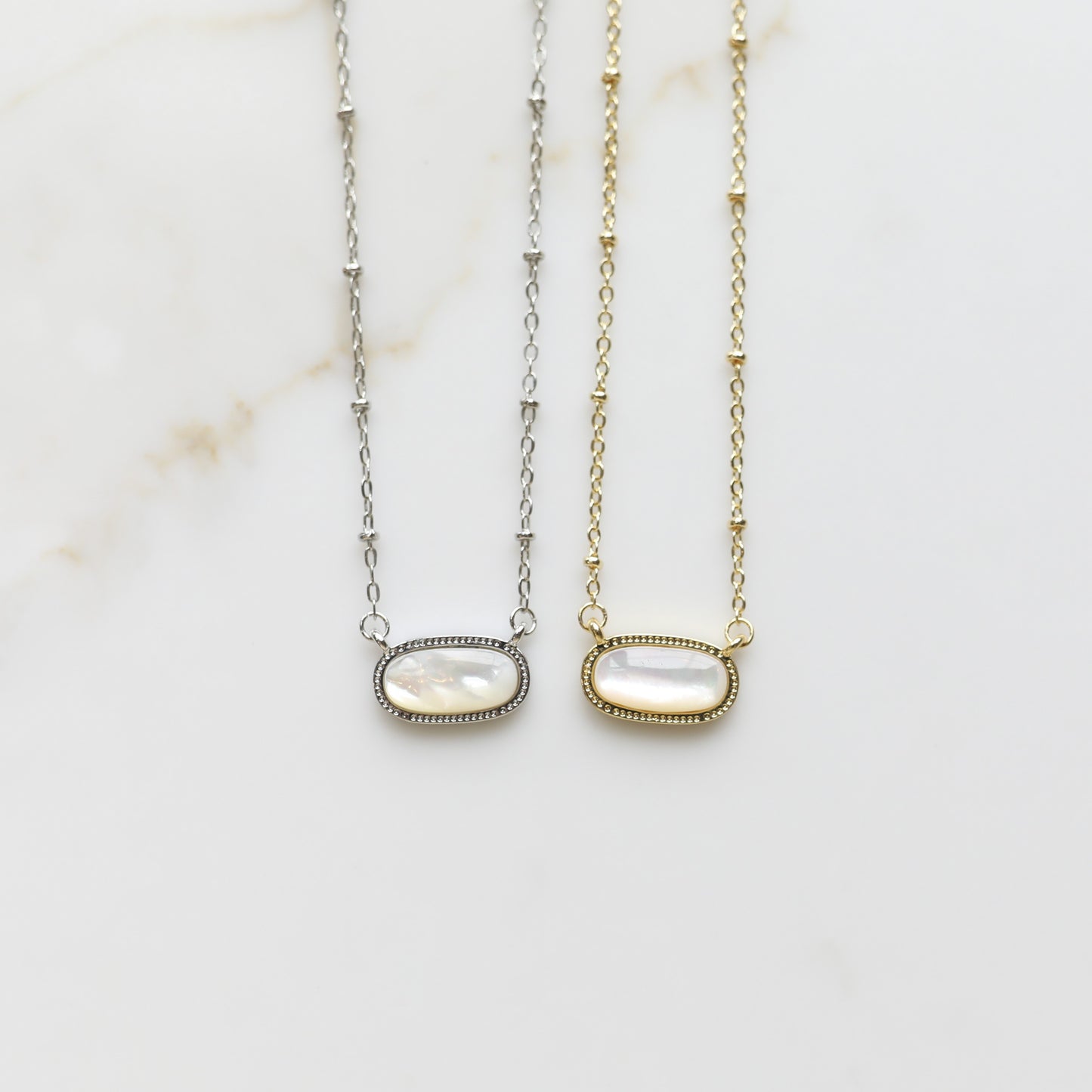 Meaningful Gemstone Necklace in Mother of Pearl White available with a Gold or Silver chain