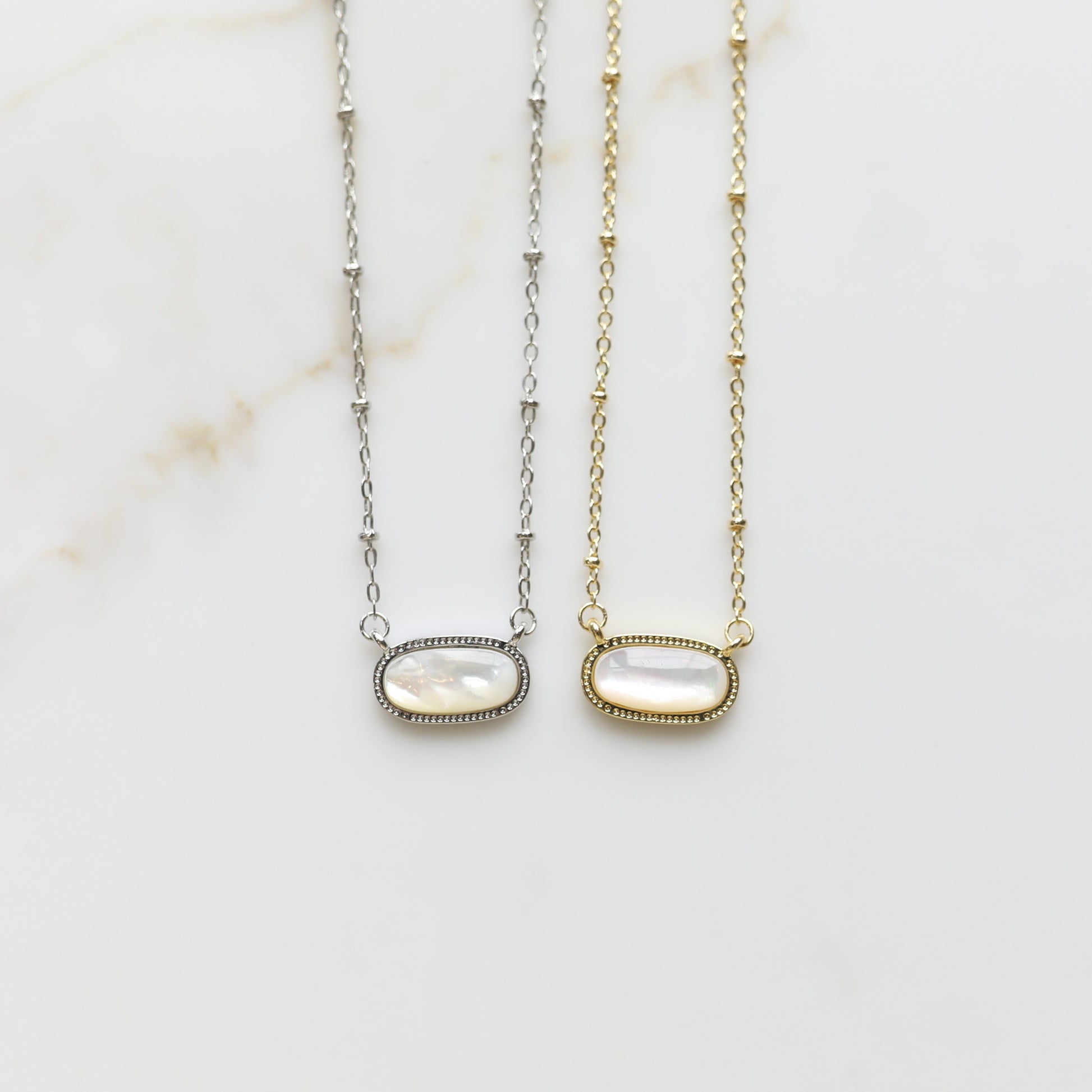 Meaningful Gemstone Necklace in Mother of Pearl White available with a Gold or Silver chain