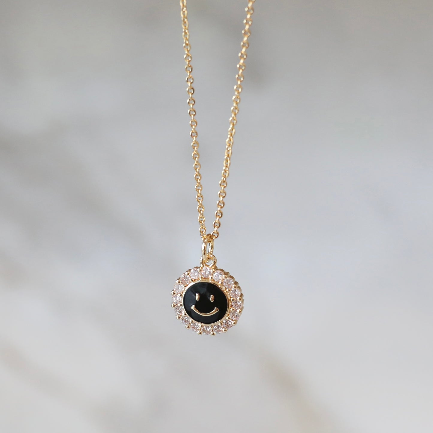 Smiley Face Necklace with Cubic Zirconia - Black