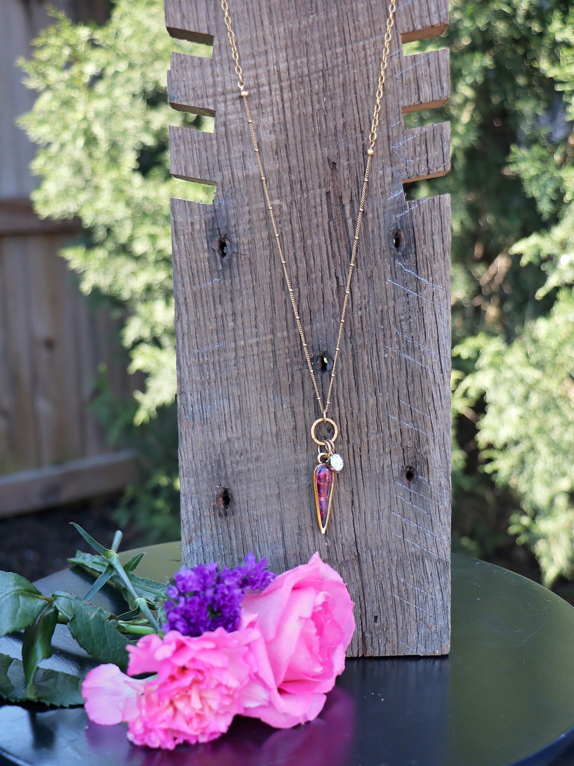 Memory Flower Inverted Drop with Druzy Necklace