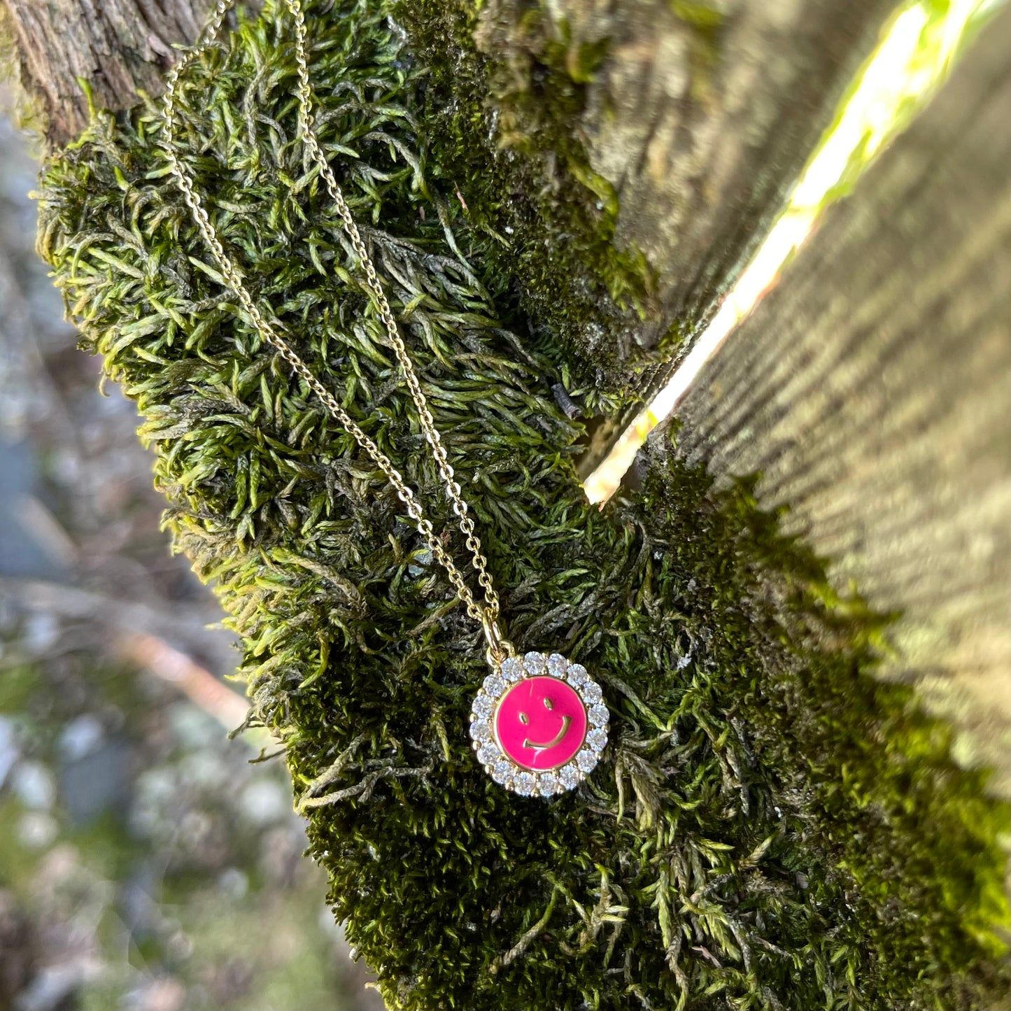 Smiley Face Necklace with Cubic Zirconia - Hot Pink