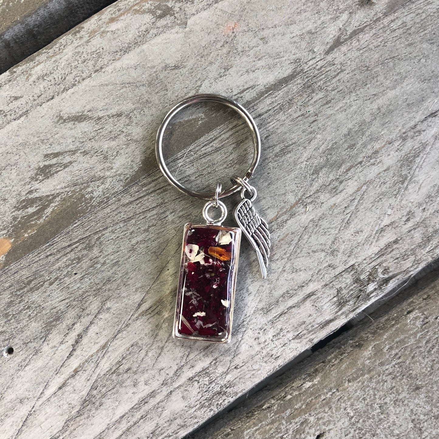 Memory Flower Jewelry Open Back Rectangle Keychain