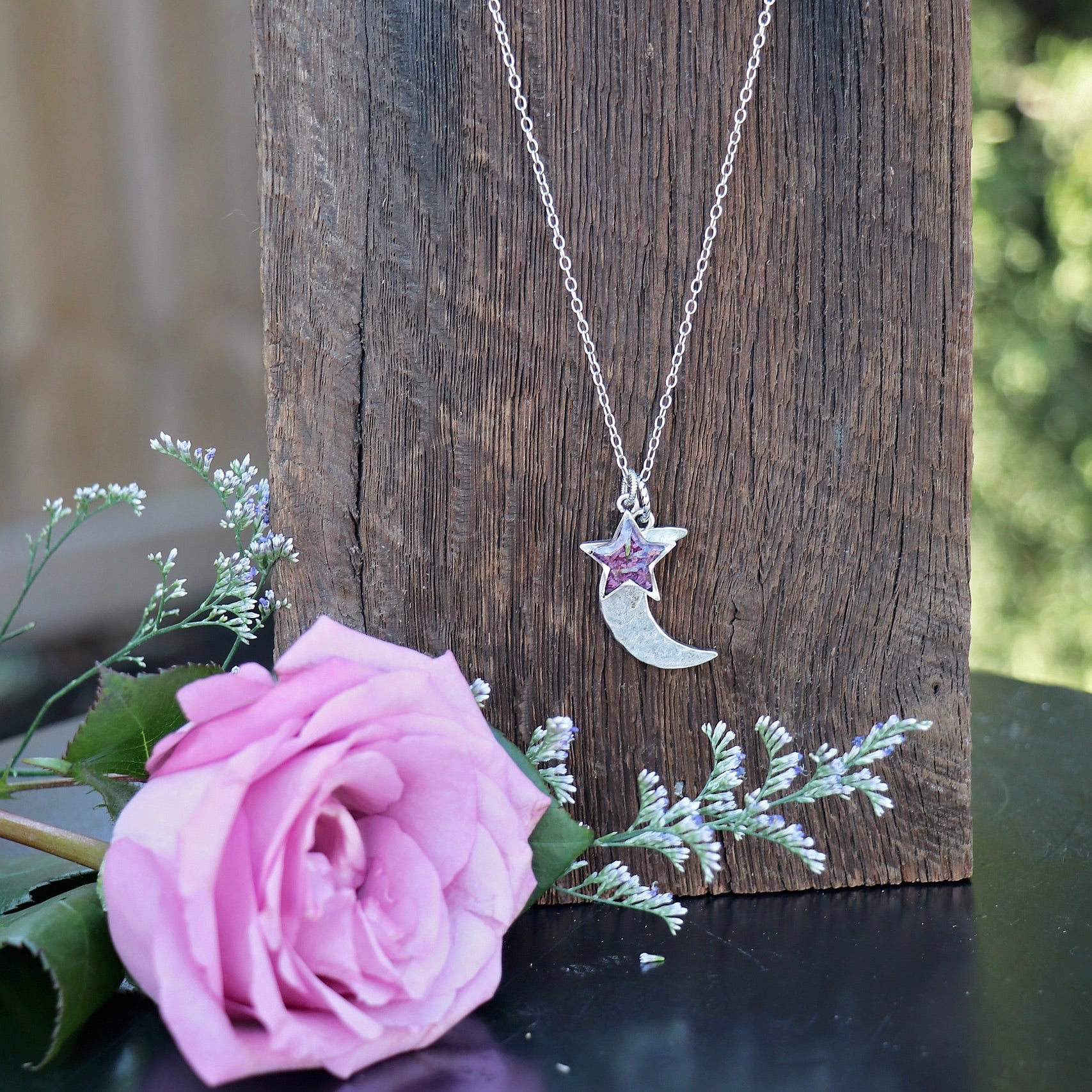 Memory Flower Necklace Moon and Star Necklace